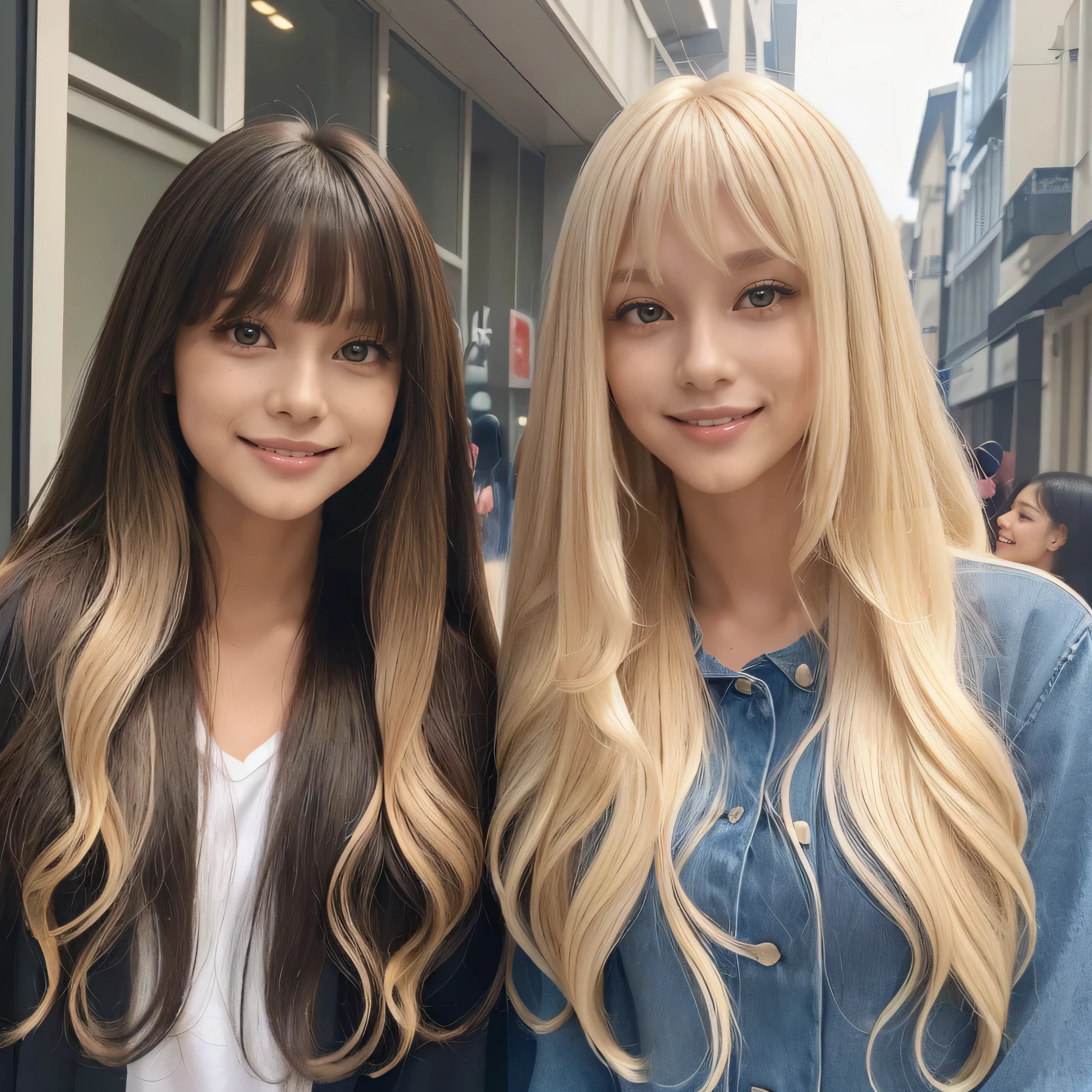 (Above-the-knee shot of two identical twins :1.3) (The two of them are posing together in a fun-looking way.:2.0) (They look happy as they look at her in the center of a busy street in France.) (Their faces are clones Clothes are random Hair color is random) (((Hair color is random))) ((Beautiful model with long platinum blonde hair, girl with super length Hair, extremely length Hair, extra length Hair, very long, Flowing Hair, very length Hair, length Hair girl, very long, Flowing platinum blonde hair, length Hair windy, very longプラチナブロンドヘア, length, Flowing Hair, length and or curly hair, with length Hair, length Hair!!!! Her highest quality hair is long and 真っ直ぐ or curly hair very long, highest quality platinum blonde, length hair in the center, Highest quality long Straight or curly hair, length, Straight or curly hair, beautiful, High quality platinum blonde hair, length and platinum blonde hair highest quality Straight or curly hair, length Hair, length and Straight or curly hair, highest quality platinum blondeヘア, Perfect silky Straight or curly hair of the highest quality, Straight or curly hair, highest quality platinum blondeヘア, length platinum blonde hair Straight or curly hair, length, Bright platinum blonde hair Her hair is long and Straight or curly hair, very longプラチナブロンドヘア, length hair in the center, length Straight or curly hair, length, Straight or curly hair, beautiful hair of the highest quality, length Hair, length, Straight or curly hairプラチナブロンドヘア , length and free Straight or curly hair Platinum blonde hair, Straight or curly hair Platinum blonde hair)) (Her bangs are perfect.:1.3) (France's most beautiful 24-year-old hair model) ((highest quality)), ((masterpiece)), (Familiar) (Get used to it) Perfect Face (Her skin is a typical French complexion...、And very detailed) (Big Breasts) (She is wearing a light blue skirt and a white blouse.......) (She has a beautiful French face and a typical French figure...., Narrow eyes) (She has perfect beautiful makeup and face Lipstick is light red A solid eyeliner) ((Rich 1.4)) (Extremely detailed 8K) (Ultra-fine skin texture 1.4) (Actual, Vibrant:1.4), double eyelid Sharp focus:1.2、Beautiful woman:1.4 Dynamic Lighting (Genuine RAW photos taken by professional photographers) (Her long bangs、Well Organized) Professionally lit from the front (She has a bright and cheerful face)