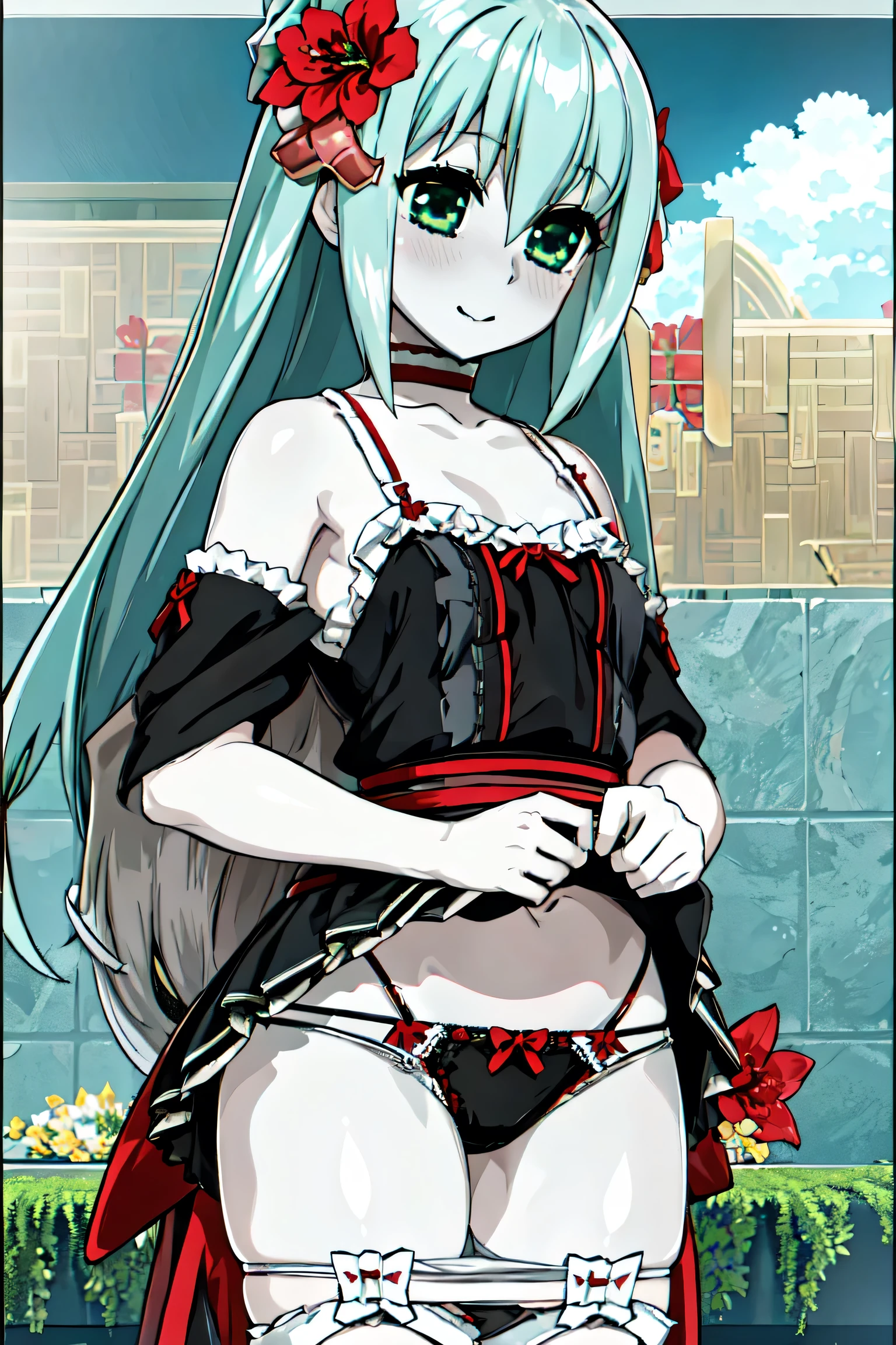 1 girl、Silver Hair、Pale skin、Long Hair、Red flower hair ornament、Emerald green eyes、Small breasts、、、High resolution、highest quality、Anime Moe Art Style、Cowboy Shot、Skirt Lift、Self Lift、Plush panties、lingerie、、Panty shot、Rear view、Outdoor、stomach