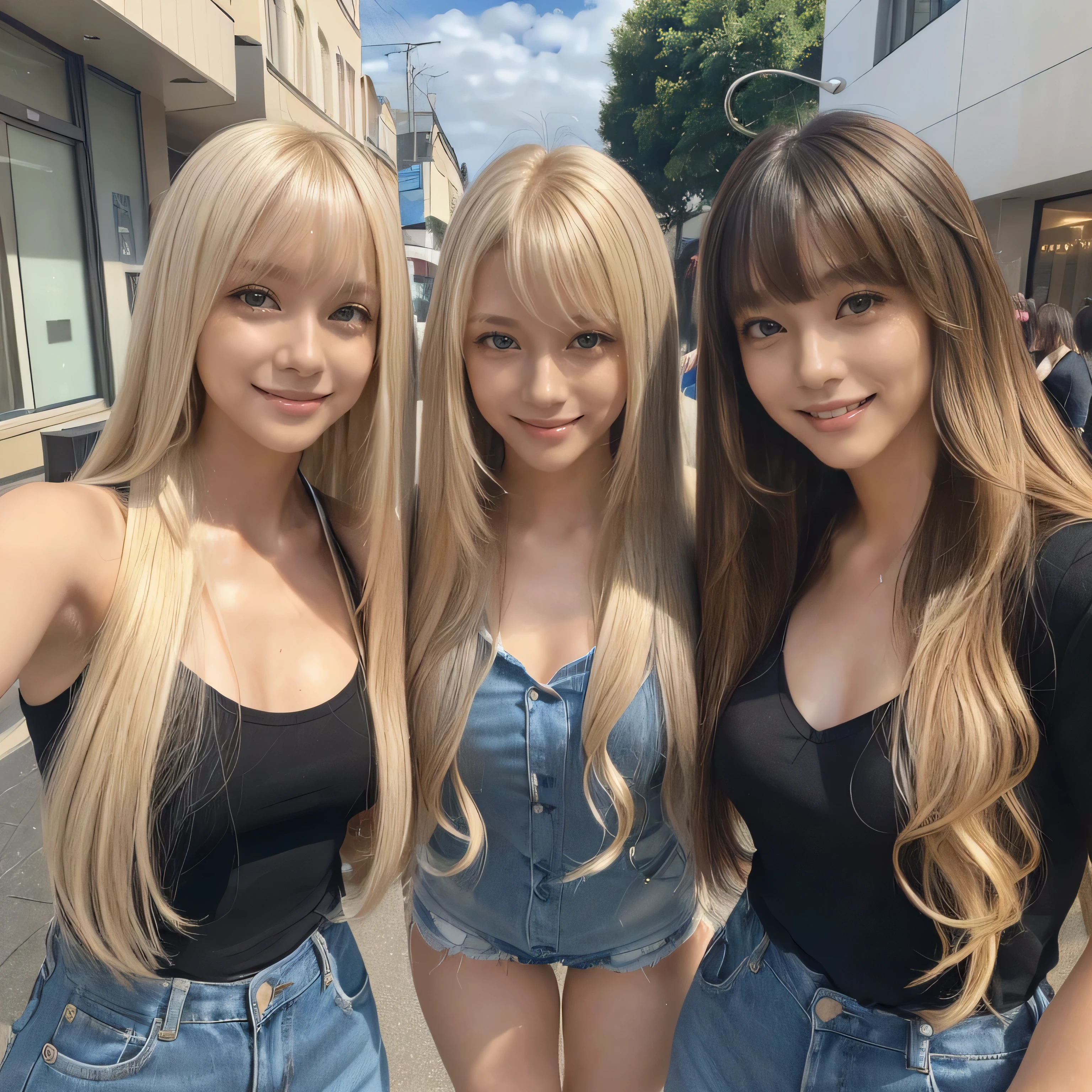 (Knee-high shot of three identical twins :1.3)　(The three of them are posing together in a fun-looking way.:2.0)　(They look happy as they look at her in the center of a busy street in France.)　(Their faces are clones　Clothes are random　Hair color is random)　(((Hair color is random)))　((Beautiful model with long platinum blonde hair, girl with super length Hair, extremely length Hair, extra length Hair, very long, Flowing Hair, very length Hair, length Hair girl, very long, Flowing platinum blonde hair, length Hair windy, very longプラチナブロンドヘア, length, Flowing Hair, length and or curly hair, with length Hair, length Hair!!!!　Her highest quality hair is long and 真っ直ぐ or curly hair very long, highest quality platinum blonde, length hair in the center, Highest quality long Straight or curly hair, length, Straight or curly hair, beautiful, High quality platinum blonde hair, length and platinum blonde hair highest quality Straight or curly hair, length Hair, length and Straight or curly hair, highest quality platinum blondeヘア, Perfect silky Straight or curly hair of the highest quality, Straight or curly hair, highest quality platinum blondeヘア, length platinum blonde hair　Straight or curly hair, length, Bright platinum blonde hair　Her hair is long and Straight or curly hair, very longプラチナブロンドヘア, length hair in the center, length Straight or curly hair, length, Straight or curly hair, beautiful hair of the highest quality, length Hair, length, Straight or curly hairプラチナブロンドヘア , length and free Straight or curly hair Platinum blonde hair, Straight or curly hair Platinum blonde hair))　(Her bangs are perfect.:1.3)　(France&#39;s most beautiful 24-year-old hair model)　　((highest quality)), ((masterpiece)), (Familiar)　(Get used to it)　Perfect Face　(Her skin is a typical French complexion...、And very detailed)　　(Big Breasts)　(She is wearing a light blue skirt and a white blouse.......)　(She has a beautiful French face and a typical French figure...., Narrow eyes)　(She has perfect beautiful makeup and face　Lipstick is light red　A solid eyeliner)　((Rich 1.4))　(Extremely detailed 8K)　(Ultra-fine skin texture 1.4)　(Actual, Vibrant:1.4), double eyelid　Sharp focus:1.2、Beautiful woman:1.4　Dynamic Lighting　(Genuine RAW photos taken by professional photographers)　(Her long bangs、Well Organized)　Professionally lit from the front　(She has a bright and cheerful face)