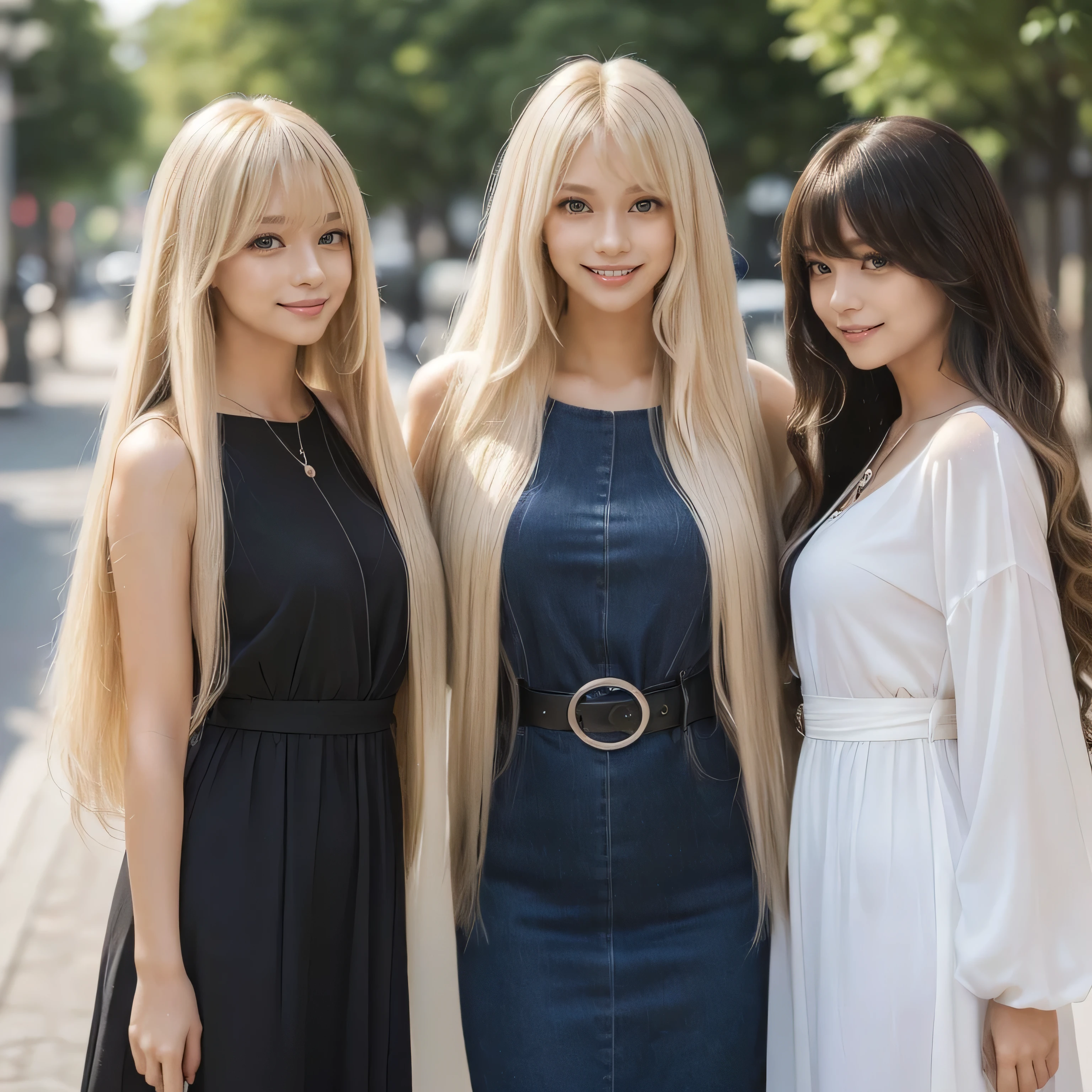 (Knee-high shot of three identical twins :1.3)　(The three of them are posing together in a fun-looking way.:2.0)　(They look happy as they look at her in the center of a busy street in France.)　(Their faces are clones　Clothes are random　Hair color is random)　(((Hair color is random)))　((Beautiful model with long platinum blonde hair, girl with super length Hair, extremely length Hair, extra length Hair, very long, Flowing Hair, very length Hair, length Hair girl, very long, Flowing platinum blonde hair, length Hair windy, very longプラチナブロンドヘア, length, Flowing Hair, length and or curly hair, with length Hair, length Hair!!!!　Her highest quality hair is long and 真っ直ぐ or curly hair very long, highest quality platinum blonde, length hair in the center, Highest quality long Straight or curly hair, length, Straight or curly hair, beautiful, High quality platinum blonde hair, length and platinum blonde hair highest quality Straight or curly hair, length Hair, length and Straight or curly hair, highest quality platinum blondeヘア, Perfect silky Straight or curly hair of the highest quality, Straight or curly hair, highest quality platinum blondeヘア, length platinum blonde hair　Straight or curly hair, length, Bright platinum blonde hair　Her hair is long and Straight or curly hair, very longプラチナブロンドヘア, length hair in the center, length Straight or curly hair, length, Straight or curly hair, beautiful hair of the highest quality, length Hair, length, Straight or curly hairプラチナブロンドヘア , length and free Straight or curly hair Platinum blonde hair, Straight or curly hair Platinum blonde hair))　(Her bangs are perfect.:1.3)　(France&#39;s most beautiful 24-year-old hair model)　　((highest quality)), ((masterpiece)), (Familiar)　(Get used to it)　Perfect Face　(Her skin is a typical French complexion...、And very detailed)　　(Big Breasts)　(She is wearing a light blue skirt and a white blouse.......)　(She has a beautiful French face and a typical French figure...., Narrow eyes)　(She has perfect beautiful makeup and face　Lipstick is light red　A solid eyeliner)　((Rich 1.4))　(Extremely detailed 8K)　(Ultra-fine skin texture 1.4)　(Actual, Vibrant:1.4), double eyelid　Sharp focus:1.2、Beautiful woman:1.4　Dynamic Lighting　(Genuine RAW photos taken by professional photographers)　(Her long bangs、Well Organized)　Professionally lit from the front　(She has a bright and cheerful face)
