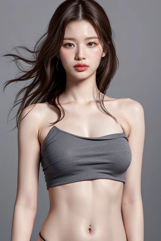 highest quality, masterpiece, Ultra-high resolution, (Realistic:1.4), RAW Photos, 19 years old, Simple gray background, ((Tight tube top、Upper Body、belly button、Hair disheveled)), Looking at the audience