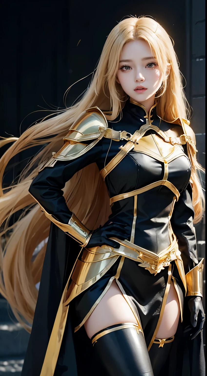 A woman wearing black and gold standing with her hands on her hips, blonde Long Hair Anime Girl, Golden black uniform, Female Anime Characters, Official character art, Long Hair Anime Girl, SAO-style anime, Inspired by Le Chevalier, Best Anime Character Design, Black and gold armor, Female Action Anime Girl, Black and gold armor, Girl in Armor