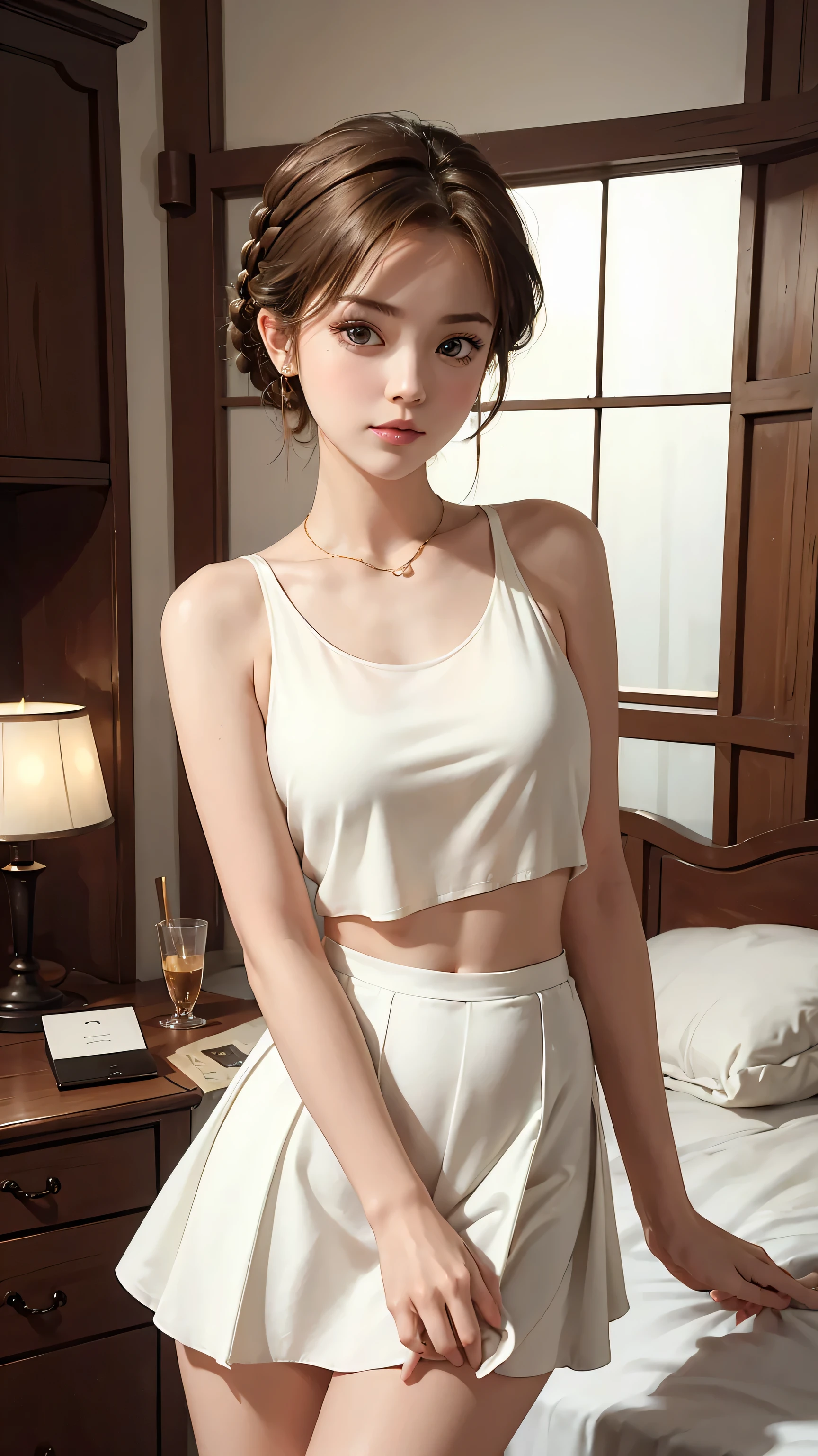 Masterpiece, best quality, super fine, 16k, incredibly absurdres, extremely detailed, beautiful woman, amorous and lewd expression, glossy white-gold messy short hair, side braided, She is wearing a loose-fitting tank top, and mini skirt, superlative body proportion,bedroom,