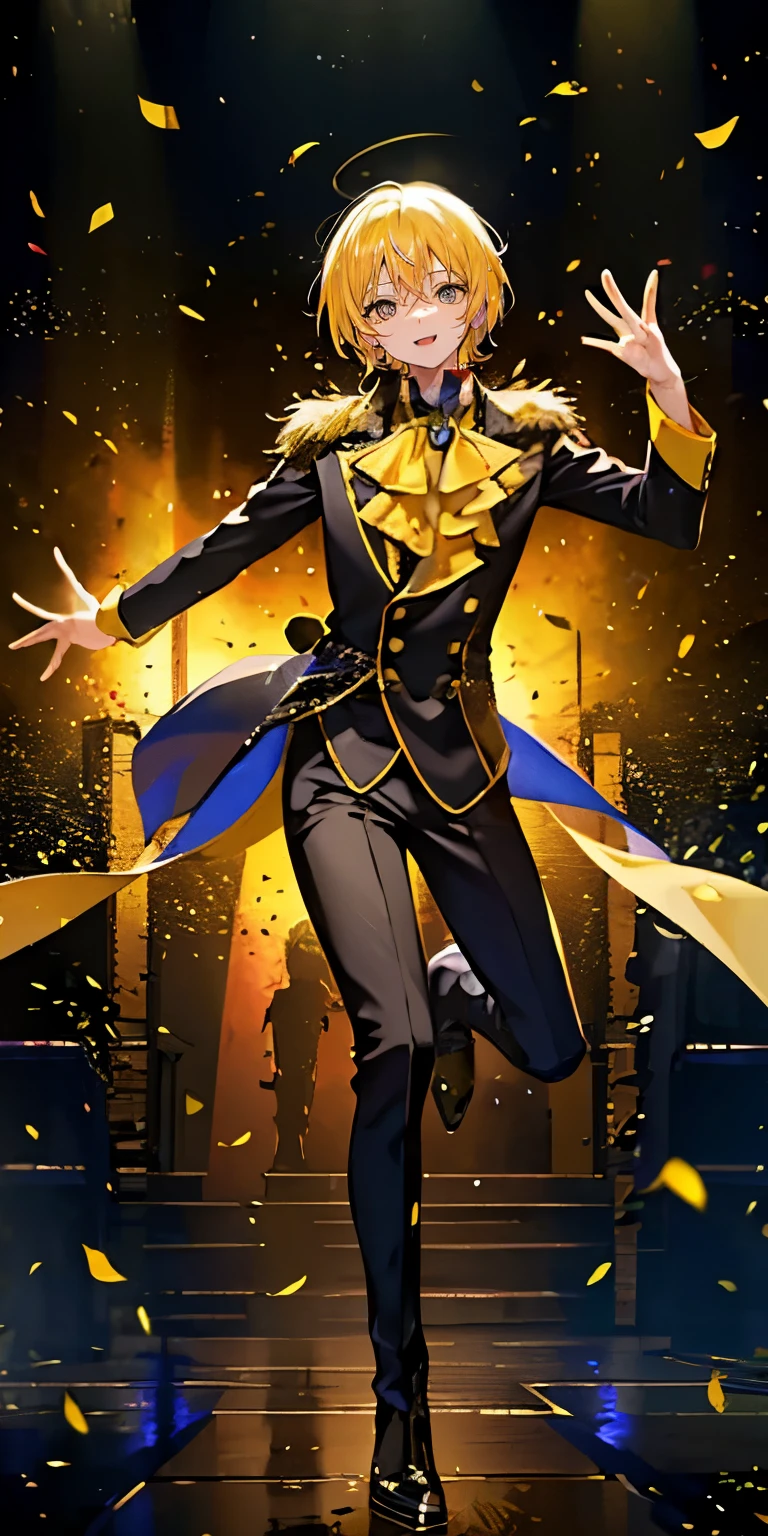 (Mastepiece), (Best Quality), Very detailed, ((1 boy)), Perfect Face, Beautiful Face, Very detailedな顔,((Yellow Hair_short hair_Yellow Eyes:1.3)),Full body photography、Male solo idol、Gorgeous idol costumes、Cape、boots、(pants:1.2)、(Hold the microphone)、stage、Concert Dome、Lots of confetti、(smile:1.4)、(Open your mouth wide)、sing、dance、Wink、Laser light、Spotlight