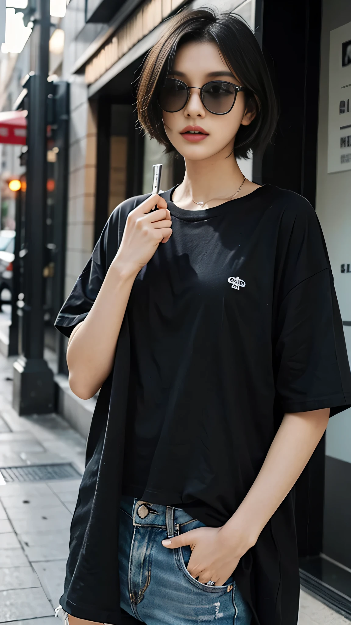 Girl in oversize t-shirt and short for photo、short hair, black hair、Slim girl model、18-year-old female model、Wearing black sunglasses