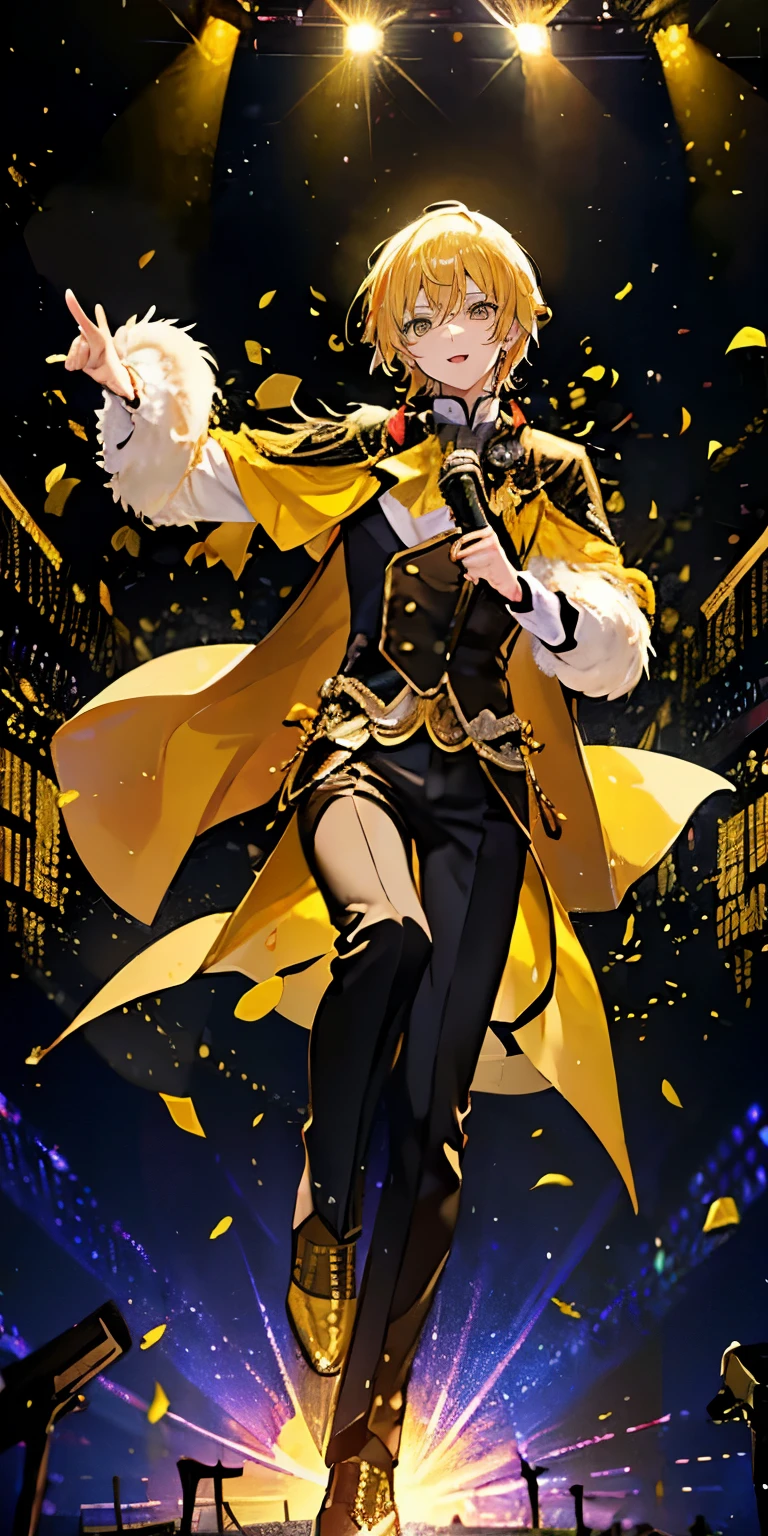 (Mastepiece), (Best Quality), Very detailed, ((1 boy)), Perfect Face, Beautiful Face, Very detailedな顔，((Yellow Hair_short hair_Yellow Eyes:1.3))，Full body photography、Male solo idol、Gorgeous idol costumes、Cape、boots、(pants:1.2)、(Hold the microphone)、stage、Concert Dome、Lots of confetti、(smile:1.4)、(Open your mouth wide)、sing、dance、Wink、Laser light、Spotlight