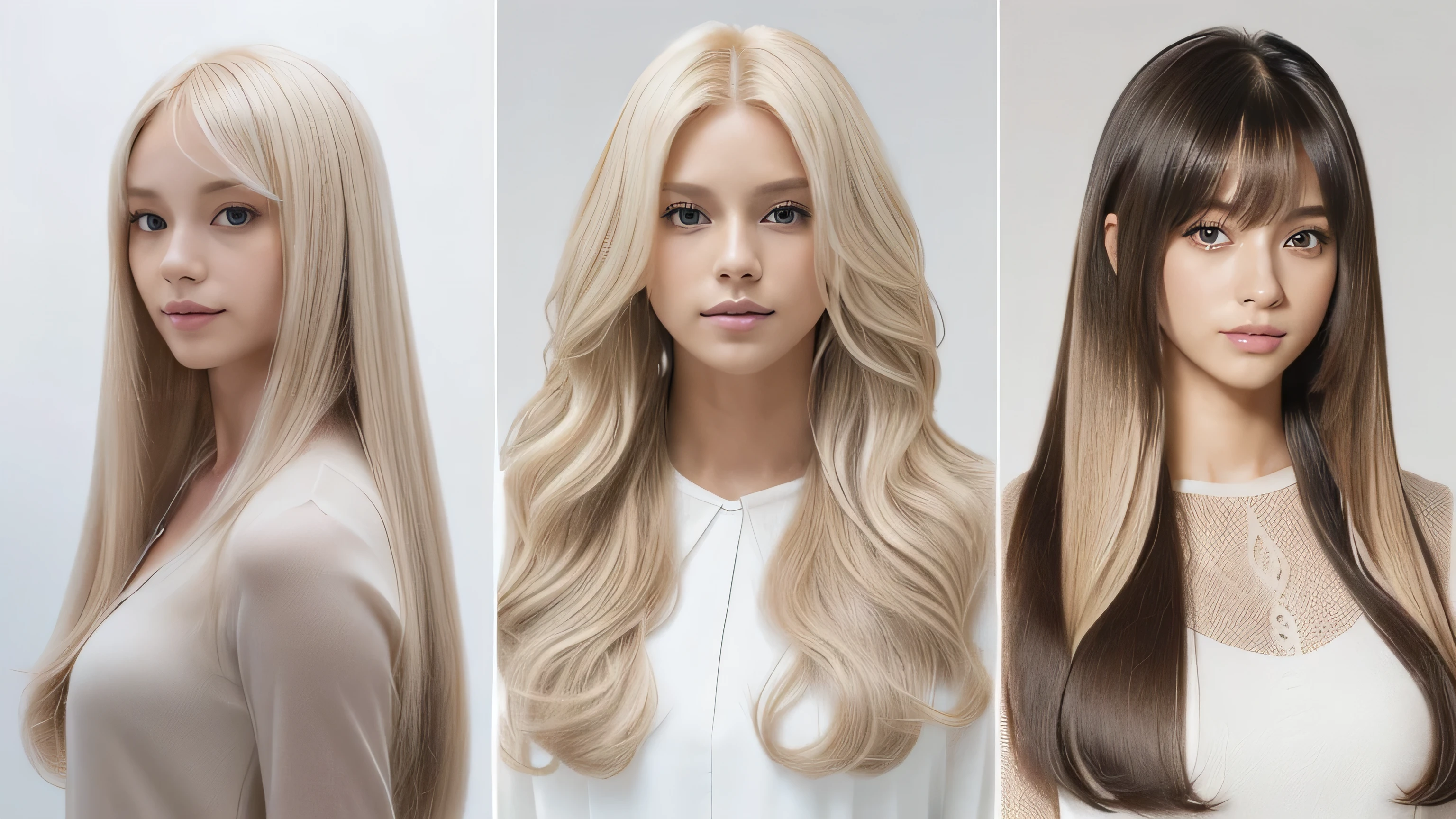 (Full body shot of three identical twins :1.3) (Three random standing poses that make your hair look wider:2.0) (Their faces are clones Clothes are random Hair color is random) (Pure white wall background:1.8. Upper body photo from the knees up) ((Random poses showing as much back and hair as possible:1.5)) (((Hair color is random))) ((Beautiful model with long platinum blonde hair, girl with super length Hair, extremely length Hair, extra length Hair, very long, Flowing Hair, very length Hair, length Hair girl, very long, Flowing platinum blonde hair, length Hair windy, very longプラチナブロンドヘア, length, Flowing Hair, length and or curly hair, with length Hair, length Hair!!!! Her highest quality hair is long and 真っ直ぐ or curly hair very long, highest quality platinum blonde, length hair in the center, Highest quality long Straight or curly hair, length, Straight or curly hair, beautiful, High quality platinum blonde hair, length and platinum blonde hair highest quality Straight or curly hair, length Hair, length and Straight or curly hair, highest quality platinum blondeヘア, Perfect silky Straight or curly hair of the highest quality, Straight or curly hair, highest quality platinum blondeヘア, length platinum blonde hair Straight or curly hair, length, Bright platinum blonde hair Her hair is long and Straight or curly hair, very longプラチナブロンドヘア, length hair in the center, length Straight or curly hair, length, Straight or curly hair, beautiful hair of the highest quality, length Hair, length, Straight or curly hairプラチナブロンドヘア , length and free Straight or curly hair Platinum blonde hair, Straight or curly hair Platinum blonde hair)) (Her bangs are perfect.:1.3) (France's most beautiful 24-year-old hair model) ((highest quality)), ((masterpiece)), (Familiar) (Get used to it) Perfect Face (Her skin is a typical French complexion...、And very detailed) (Big Breasts) (She is wearing a light blue skirt and a white blouse.......) (She has a beautiful French face and a typical French figure...., Narrow eyes) (She has perfect beautiful makeup and face Lipstick is light red A solid eyeliner) ((Rich 1.4)) (Extremely detailed 8K) (Ultra-fine skin texture 1.4) (Actual, Vibrant:1.4), double eyelid Sharp focus:1.2、Beautiful woman:1.4 Dynamic Lighting (Genuine RAW photos taken by professional photographers) (Her long bangs、Well Organized) Professionally lit from the front (She has a bright and cheerful face)