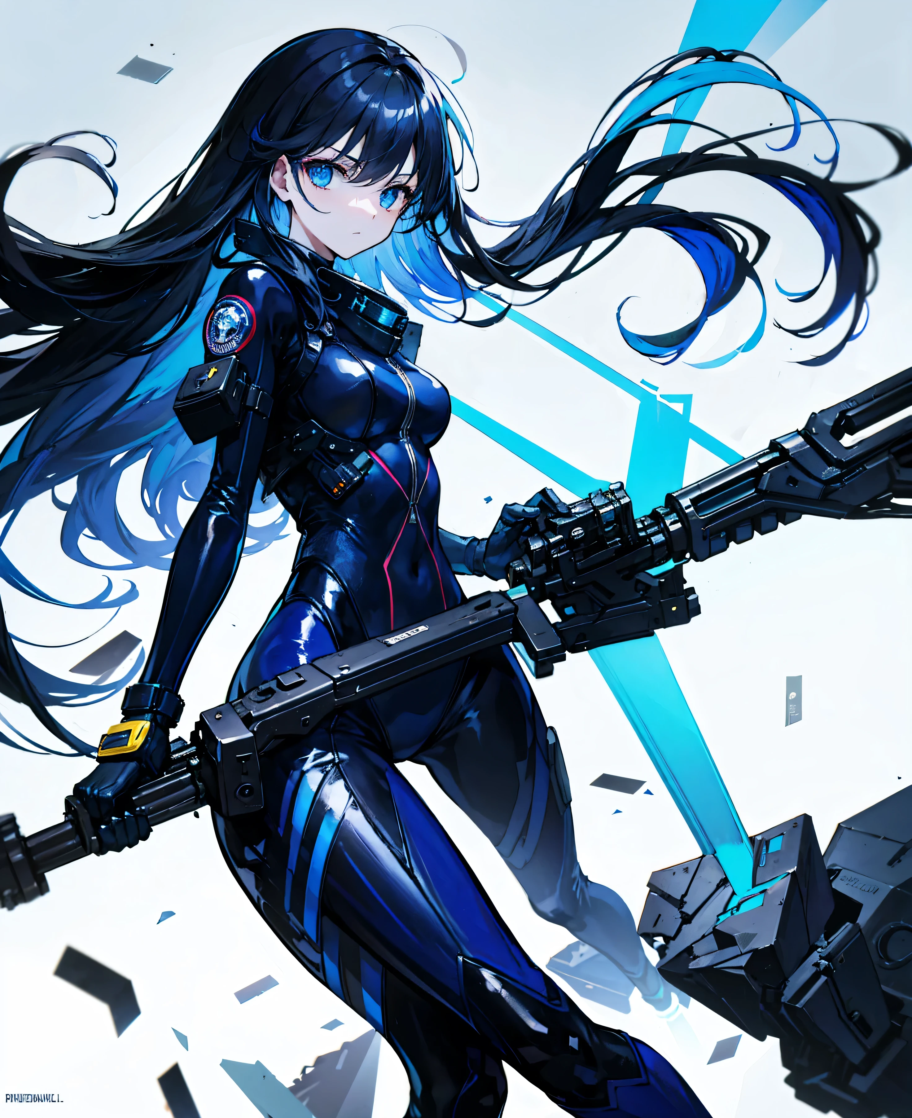 There is no background，girl，Carry a firearm，Patent leather tight suit，Use of firearms，Navy blue long hair，attention arousal，Blue colored eyes,No gradients