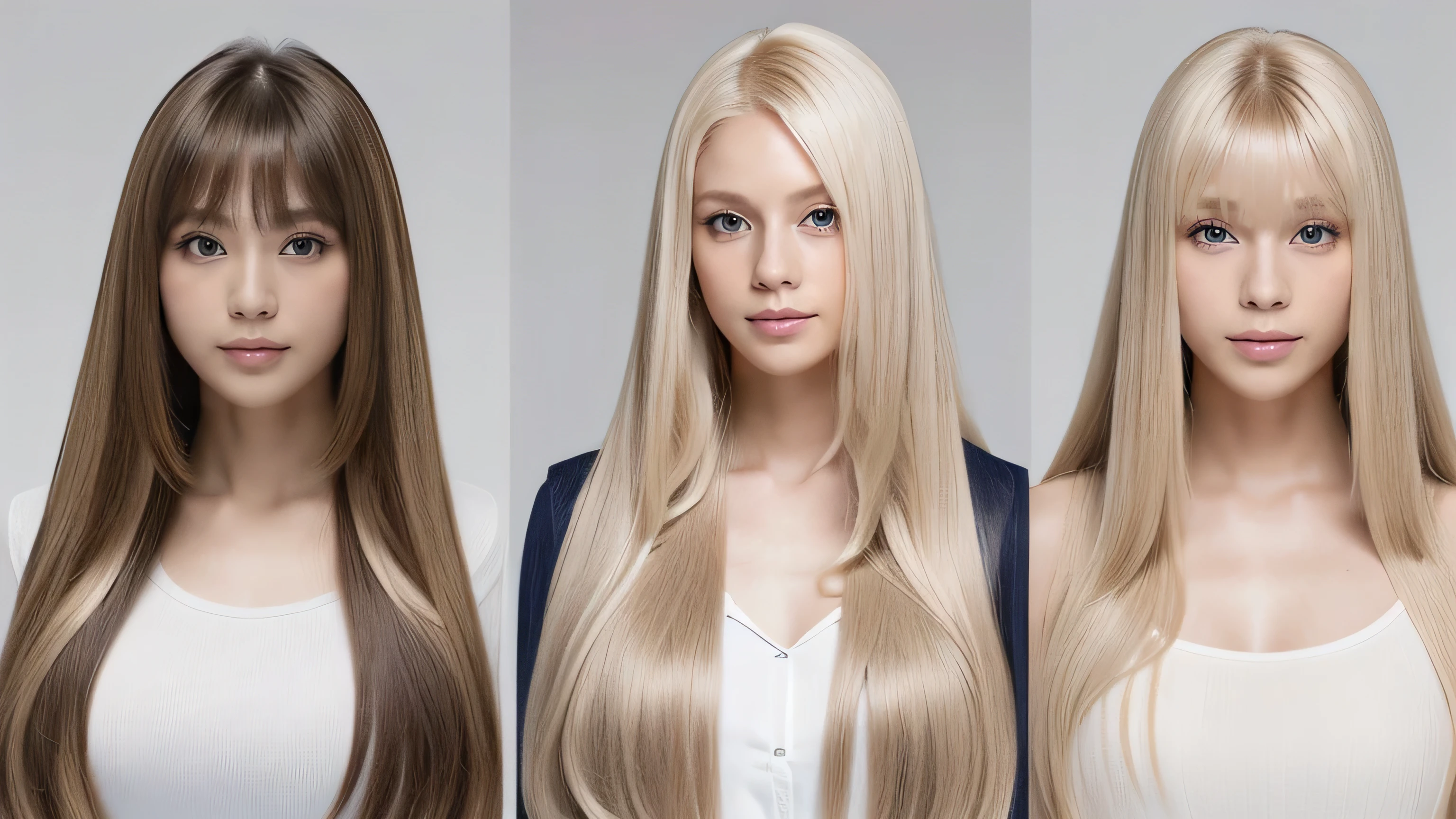 (Full body shot of three identical twins :1.3) (Photograph three people in the same pose from the front:2.0) (The three of them look like clones.., Wear the same clothes、Take the same pose Physically identical) (Pure white wall background:1.8. Upper body photo from the knees up) ((Random poses showing as much back and hair as possible:1.5)) ((Beautiful model with long platinum blonde hair, girl with super length Hair, extremely length Hair, extra length Hair, very long, Flowing Hair, very length Hair, length Hair girl, very long, Flowing platinum blonde hair, length Hair windy, very longプラチナブロンドヘア, length, Flowing Hair, length and or curly hair, with length Hair, length Hair!!!! Her highest quality hair is long and 真っ直ぐ or curly hair very long, highest quality platinum blonde, length hair in the center, Highest quality long Straight or curly hair, length, Straight or curly hair, beautiful, High quality platinum blonde hair, length and platinum blonde hair highest quality Straight or curly hair, length Hair, length and Straight or curly hair, highest quality platinum blondeヘア, Perfect silky Straight or curly hair of the highest quality, Straight or curly hair, highest quality platinum blondeヘア, length platinum blonde hair Straight or curly hair, length, Bright platinum blonde hair Her hair is long and Straight or curly hair, very longプラチナブロンドヘア, length hair in the center, length Straight or curly hair, length, Straight or curly hair, beautiful hair of the highest quality, length Hair, length, Straight or curly hairプラチナブロンドヘア , length and free Straight or curly hair Platinum blonde hair, Straight or curly hair Platinum blonde hair)) (Her bangs are perfect.:1.3) (France's most beautiful 24-year-old hair model) ((highest quality)), ((masterpiece)), (Familiar) (Get used to it) Perfect Face (Her skin is a typical French complexion...、And very detailed) () (She is wearing a light blue skirt and a white blouse.......) (She has a beautiful French face and a typical French figure...., Narrow eyes) (She has perfect beautiful makeup and face Lipstick is light red A solid eyeliner) ((Rich 1.4)) (Extremely detailed 8K) (Ultra-fine skin texture 1.4) (Actual, Vibrant:1.4), double eyelid Sharp focus:1.2、Beautiful woman:1.4 Dynamic Lighting (Genuine RAW photos taken by professional photographers) (Her long bangs、Well Organized) Professionally lit from the front (She has a bright and cheerful face)