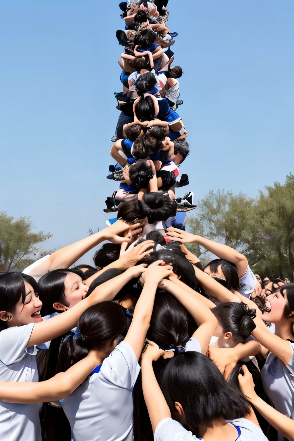20 cute girls,whole bodies,riding on each other,pile on,pile up,one girl at each layer,human tower