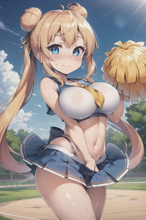 (((masterpiece))), ((highest quality)), ((Very detailed)), ((High resolution)), ((8k)), ((Anatomically correct)), One Woman, Big Breasts, Chestnut Hair, Bun hair, Long Hair, Twin tails, Very cute woman, delicate, Charming smile, Blue eyes, Bright Eyes, Best moment, Vivid eyes, Beautiful Skin, Cute face, Delicate arms, Detailed skin texture, Intricate details, Very detailedな顔, Beautiful Eyes, Beautiful curves, View your viewers, Sweat, Schoolyard at noon, Cheerleader, Short skirt, Yellow pom-poms, I'm rooting for you, Lift one leg up, Raise your arms, Cheerful expression,