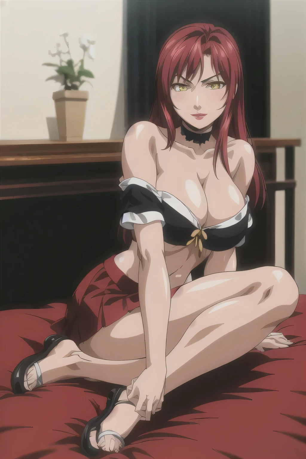 masterpiece, best quality, highres, 1 girls, hirokotakashiro,  micro ruffle skirt, black off shoulder crop top , bedroom, full body shot, (smug:0.3), looking at viewer, focus solo, sexy pose, crossing legs, mature, flip flops, detailed feet, busty, cleavage, redhead, seductive, dangling shoes, red eyeshadow, glossy lips, black choker, long hair, sitting on bed, complete body, seducing, yellow eyes,  kneeling, 