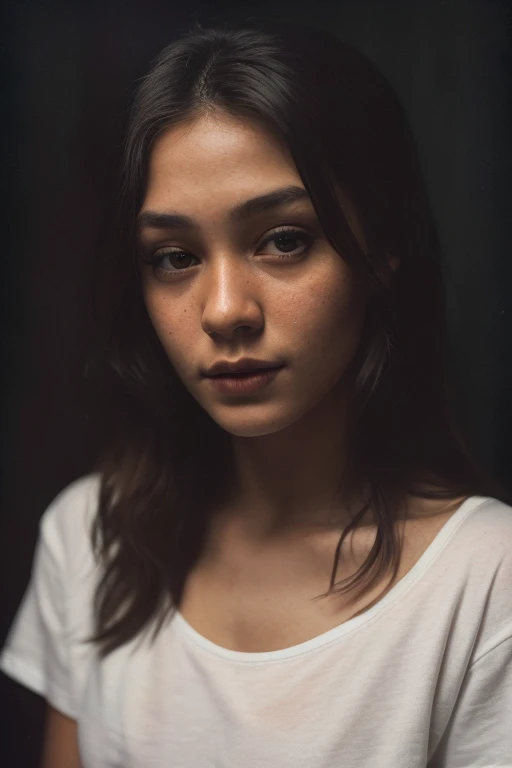 (full body shot), editorial photograph of a 21 year old woman), (highly detailed face:1.4) (smile:0.7) (background inside dark, moody, private study:1.3) POV, by lee jeffries, nikon d850, film stock photograph ,4 kodak portra 400 ,camera f1.6 lens ,rich colors ,hyper realistic ,lifelike texture, dramatic lighting , cinestill 800, wearing a white tshirt and grey panties