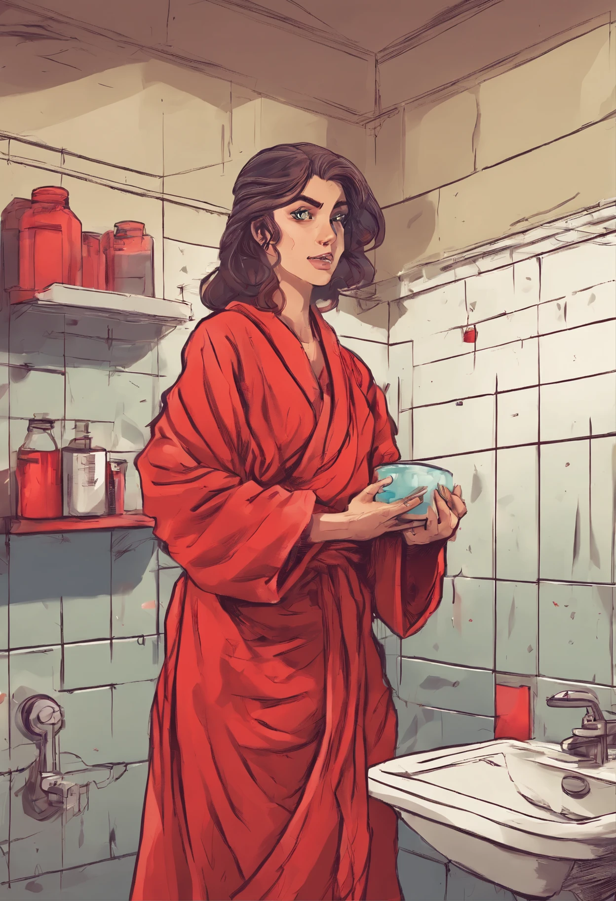 DSLR, F/2.8, Lens Flare, 5D, 16k, Super-Resolution . realistic style, key visual, vibrant, studio realistic, highly detailed A surprised whimsical girl clutched in red towel standing in a vintage bathroom, perfect anatomy, ,DSLR, F/2.8, Lens Flare, 5D, 16k, Super-Resolution . realistic style, key visual, vibrant, studio realistic,,highly detailed, graphic 3d model, render, comic art, graphic novel art, vibrant, detailed character design