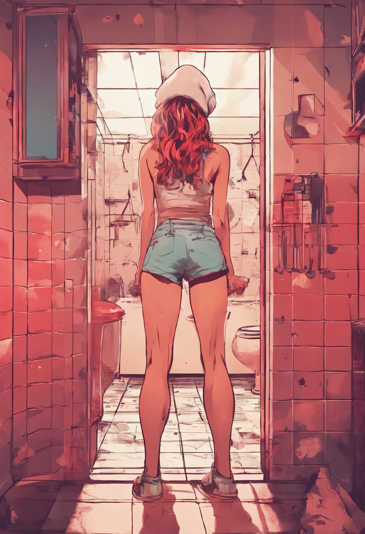 DSLR, F/2.8, Lens Flare, 5D, 16k, Super-Resolution . realistic style, key visual, vibrant, studio realistic, highly detailed A surprised whimsical girl clutched in red towel standing in a vintage bathroom, perfect anatomy, ,DSLR, F/2.8, Lens Flare, 5D, 16k, Super-Resolution . realistic style, key visual, vibrant, studio realistic,,highly detailed, graphic 3d model, render, comic art, graphic novel art, vibrant, detailed character design