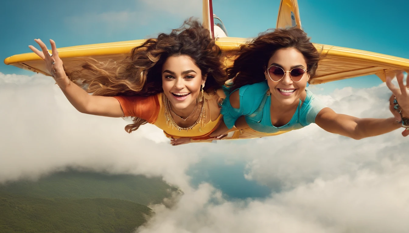 Vanessa Hudgens and Sarah Hyland flying happily in the sky