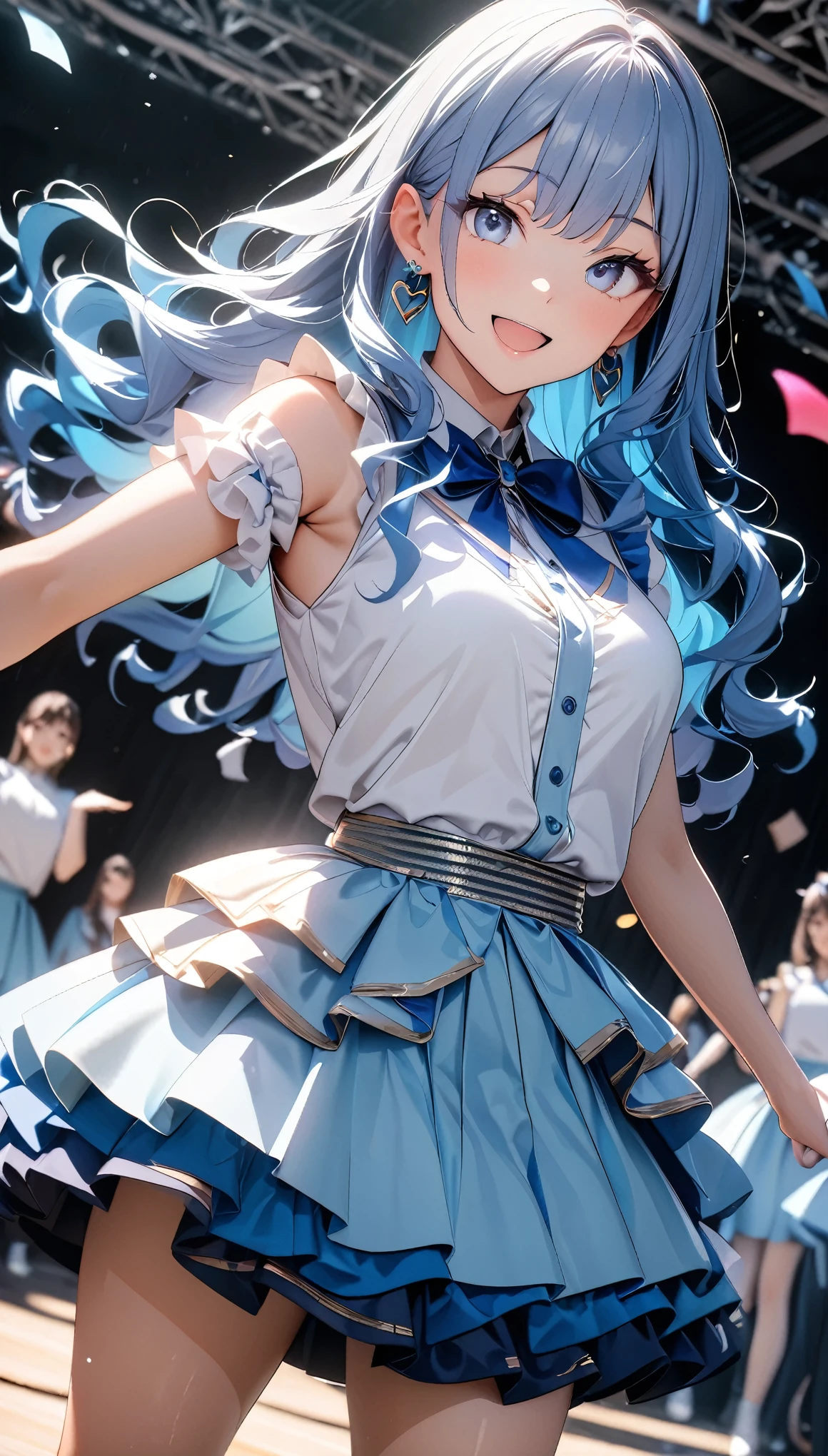 (8k, RAW Photos, 最high quality, masterpiece:1.2), High-quality RAW color photos, Professional photo shoot, Cinematic Light, alone, (((1 girl))), Blue Hair, Long Hair, Wavy Hair, blue eyes, jewelry, Earrings, Idol Costumes, Cute frills, Pastel Blue, Beautiful thighs, flare skirt, (smile:1.5), ((Open your mouth:1.2)), ((Random Action Pose:1.2, heartが弾ける)), (tits), Large amount of confetti, ((dance, Dutch Angle, heart:1.1)), Beautiful Skin, Shiny skin, Perfect Fingers, Five Fingers, Background blur, high quality, Surreal, Bright colors, ((Very detailed, photo shoot)),