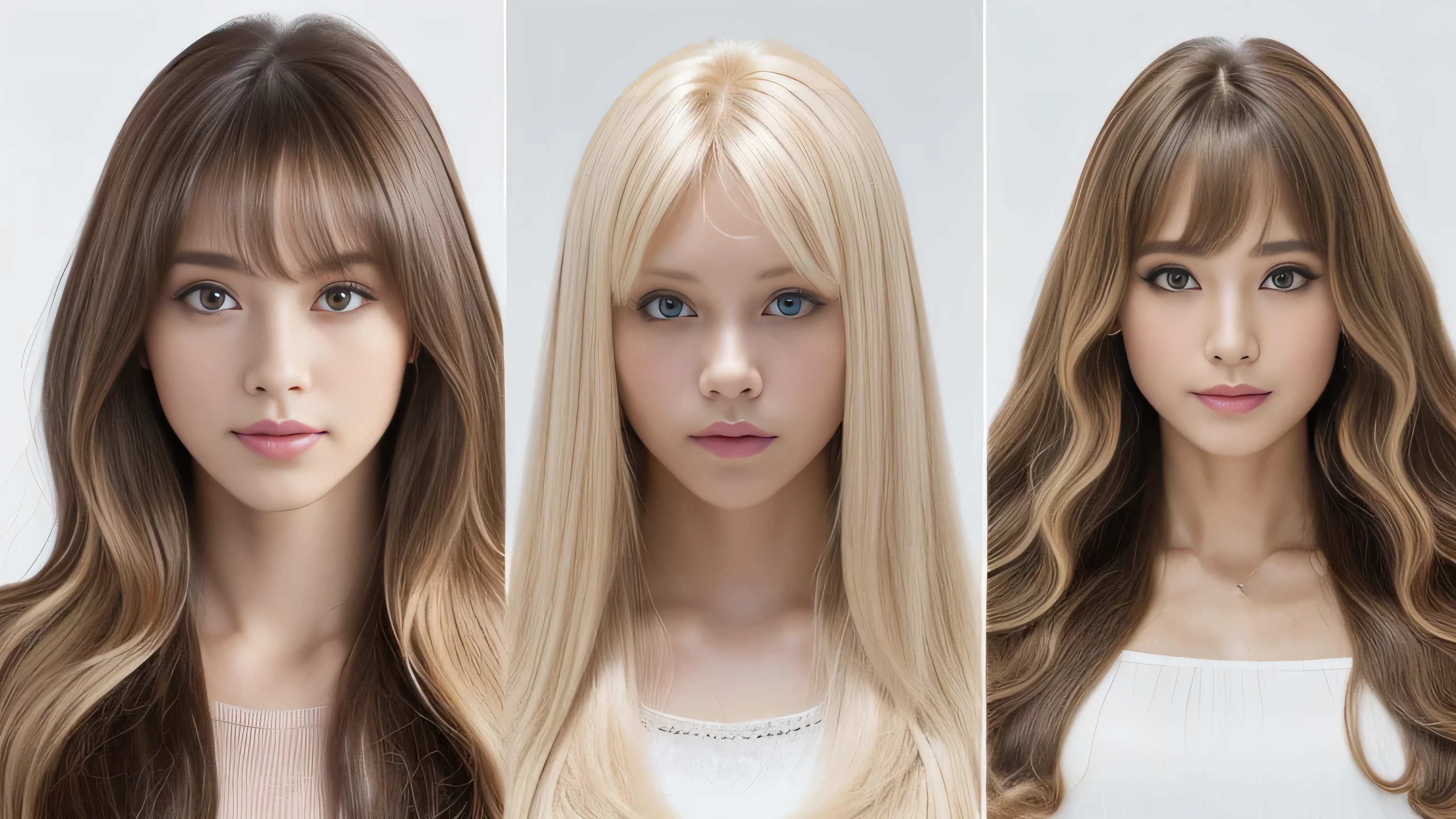 (Full body shot of three identical twins :1.3) (Photograph three people in the same pose from the front:2.0) (The three of them are perfect clones.:1.5, Wear the same clothes、Same pose:1.5th time Physically identical:1.5) (Pure white wall background:1.8. Upper body photo from the knees up) ((Random poses showing as much back and hair as possible:1.1)) ((Beautiful model with long platinum blonde hair, girl with super length Hair, extremely length Hair, extra length Hair, very long, Flowing Hair, very length Hair, length Hair girl, very long, Flowing platinum blonde hair, length Hair windy, very longプラチナブロンドヘア, length, Flowing Hair, length and or curly hair, with length Hair, length Hair!!!! Her highest quality hair is long and 真っ直ぐ or curly hair very long, highest quality platinum blonde, length hair in the center, Highest quality long Straight or curly hair, length, Straight or curly hair, beautiful, High quality platinum blonde hair, length and platinum blonde hair highest quality Straight or curly hair, length Hair, length and Straight or curly hair, highest quality platinum blondeヘア, Perfect silky Straight or curly hair of the highest quality, Straight or curly hair, highest quality platinum blondeヘア, length platinum blonde hair Straight or curly hair, length, Bright platinum blonde hair Her hair is long and Straight or curly hair, very longプラチナブロンドヘア, length hair in the center, length Straight or curly hair, length, Straight or curly hair, beautiful hair of the highest quality, length Hair, length, Straight or curly hairプラチナブロンドヘア , length and free Straight or curly hair Platinum blonde hair, Straight or curly hair Platinum blonde hair)) (Her bangs are perfect.:1.3) (France's most beautiful 24-year-old hair model) ((highest quality)), ((masterpiece)), (Familiar) (Get used to it) Perfect Face (Her skin is a typical French complexion...、And very detailed) (Big Breasts) (She is wearing a light blue skirt and a white blouse.......) (She has a beautiful French face and a typical French figure...., Narrow eyes) (She has perfect beautiful makeup and face Lipstick is light red A solid eyeliner) ((Rich 1.4)) (Extremely detailed 8K) (Ultra-fine skin texture 1.4) (Actual, Vibrant:1.4), double eyelid Sharp focus:1.2、Beautiful woman:1.4 Dynamic Lighting (Genuine RAW photos taken by professional photographers) (Her long bangs、Well Organized) Professionally lit from the front (She has a bright and cheerful face)