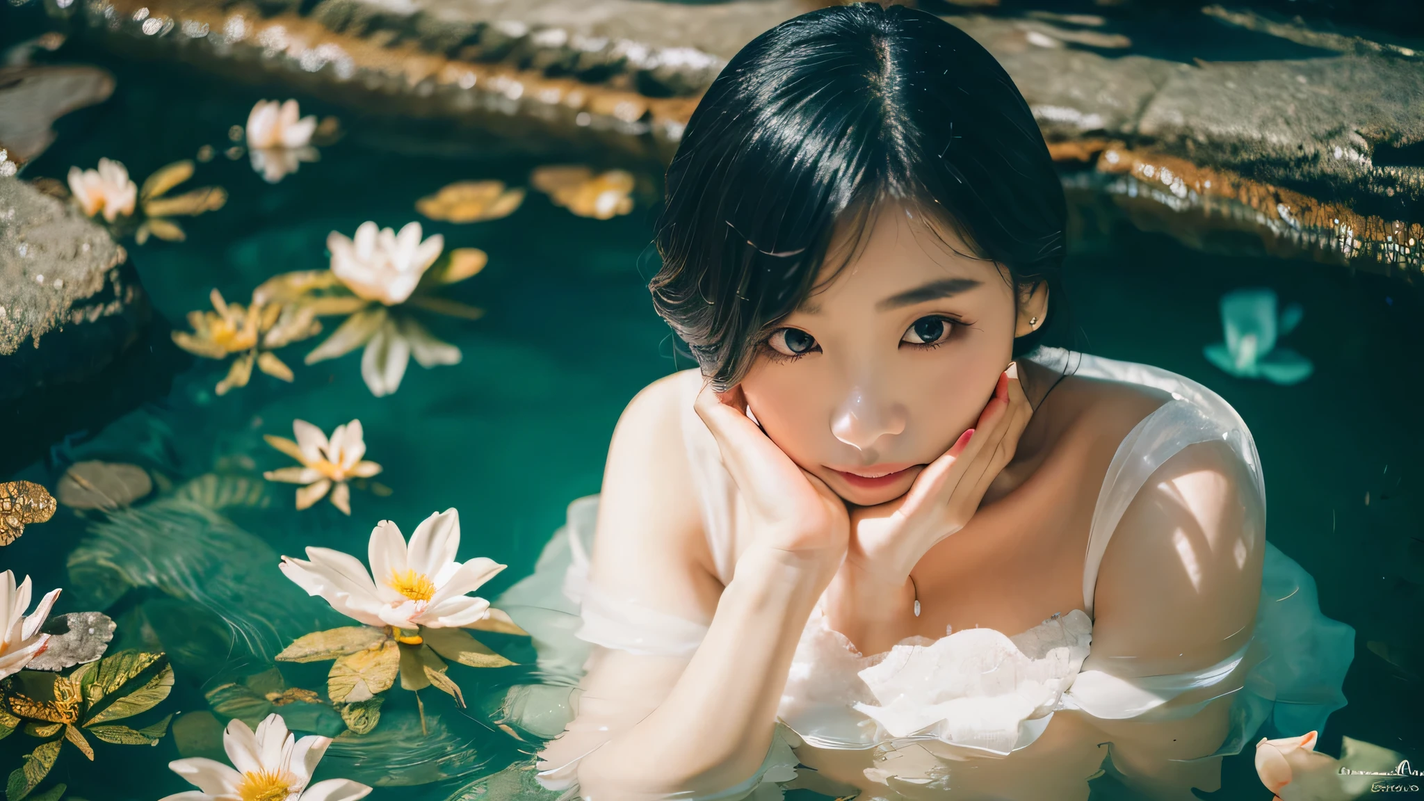 Photographed with Sony A6000 A beautiful woman turned into a fossil angelicales beautiful decadent sight、Gentle light、Water channels、subsurface、florals、krystal、Dark Fantasy