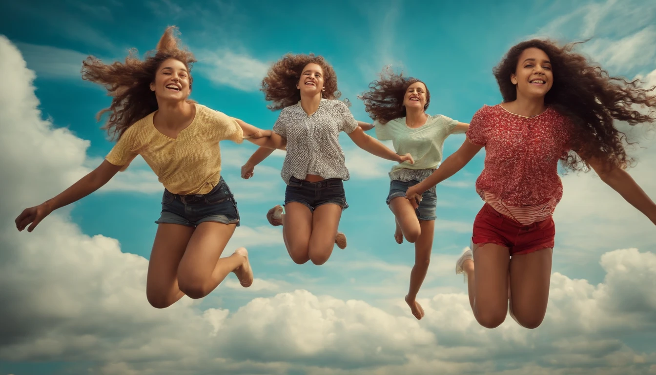 teenage girls flying together in the sky