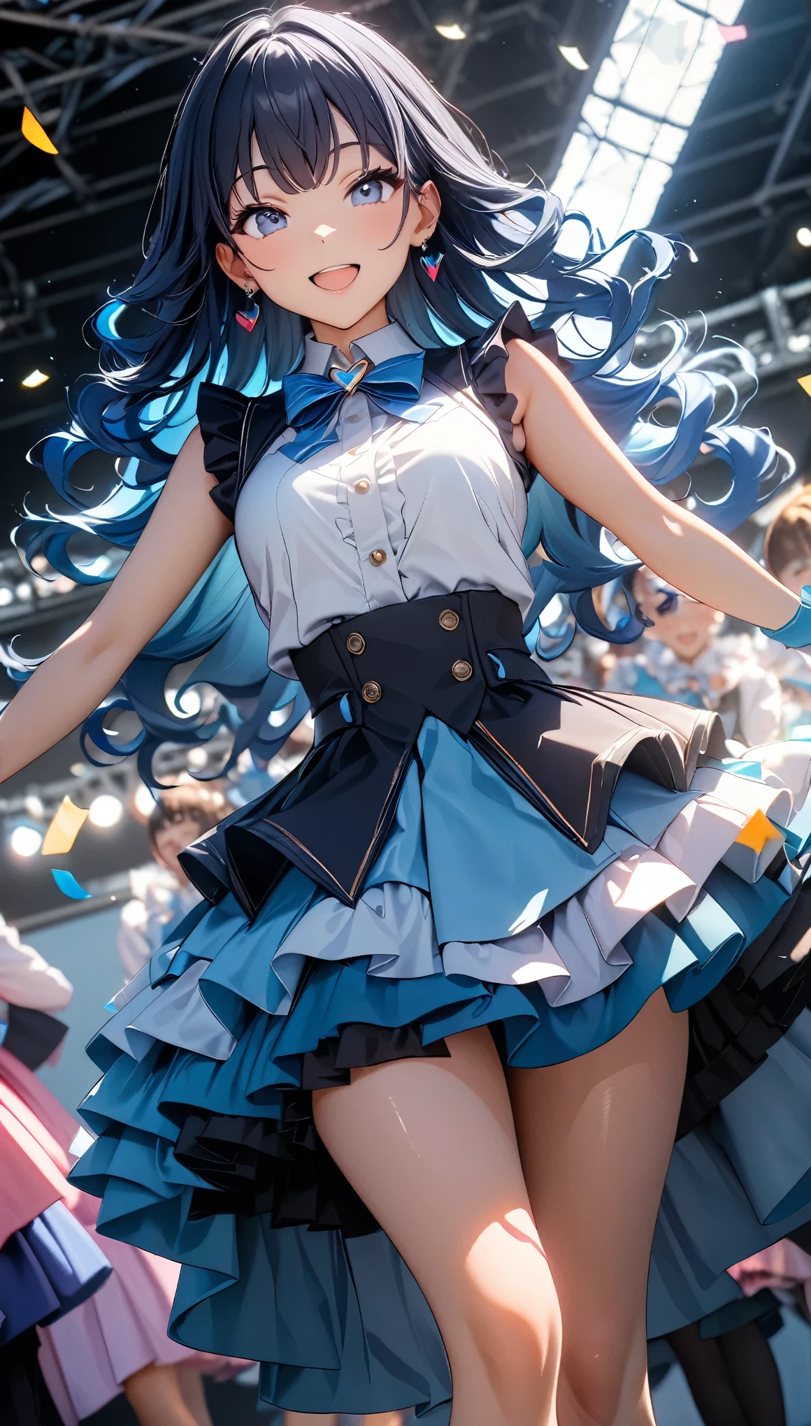(8k, RAW Photos, 最high quality, masterpiece:1.2), High-quality RAW color photos, Professional photo shoot, Cinematic Light, alone, (((1 girl))), Blue Hair, Long Hair, Wavy Hair, blue eyes, jewelry, Earrings, Idol Costumes, Cute frills, Pastel Blue, Beautiful thighs, flare skirt, (smile:1.5), ((Open your mouth:1.2)), ((Random Action Pose:1.2, heartが弾ける)), (tits), Large amount of confetti, ((dance, Dutch Angle, heart:1.1)), Beautiful Skin, Shiny skin, Perfect Fingers, Five Fingers, Background blur, high quality, Surreal, Bright colors, ((Very detailed, photo shoot)),
