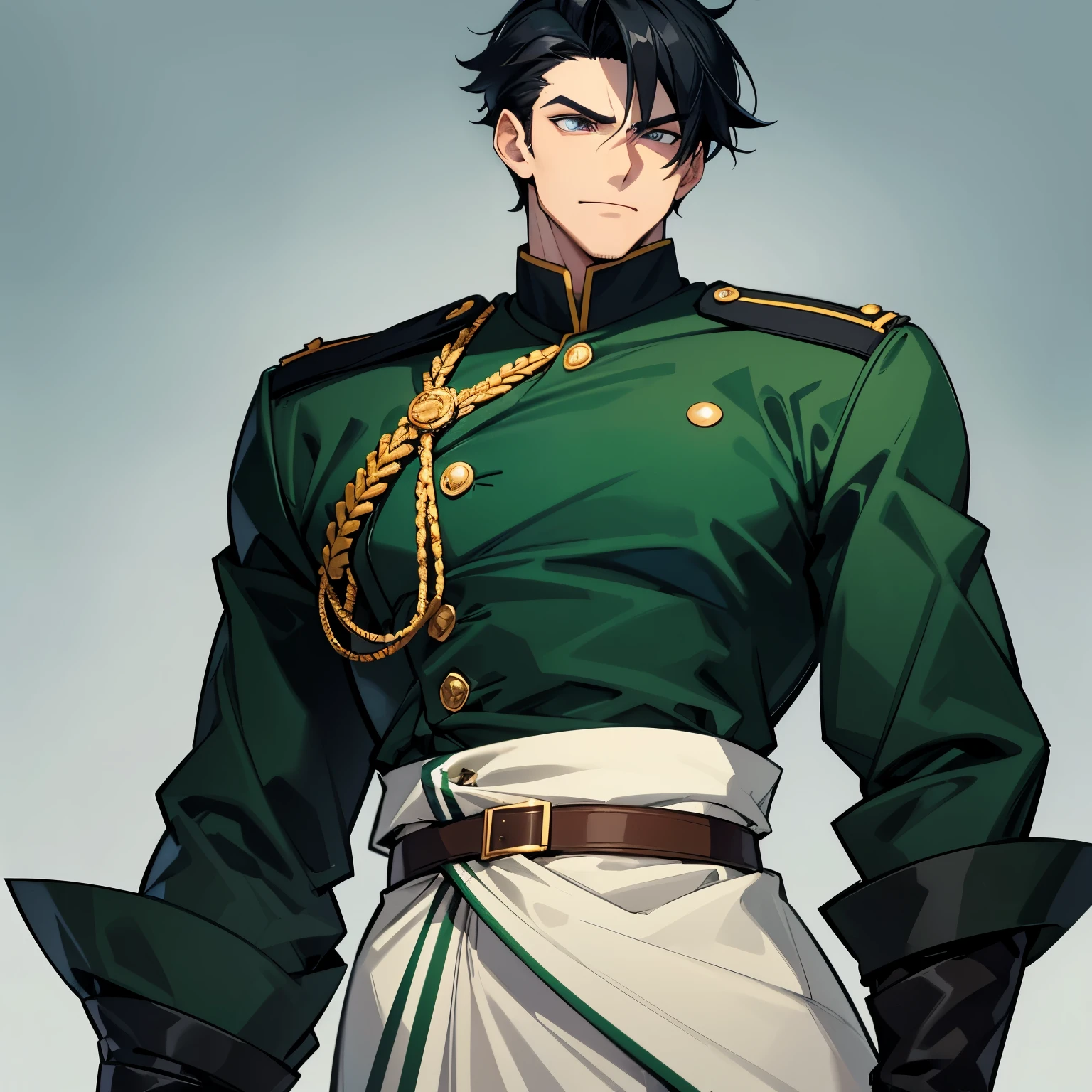 A 30-year-old boy, with short elegant black hair, his skin is pale and his eyes dark blue with emerald green, he has a calm expression, he is the villain, he wears a military uniform, very marked features and masculine, he is attractive but looks intimidating. Digital illustration with anime characters. Digital art.
