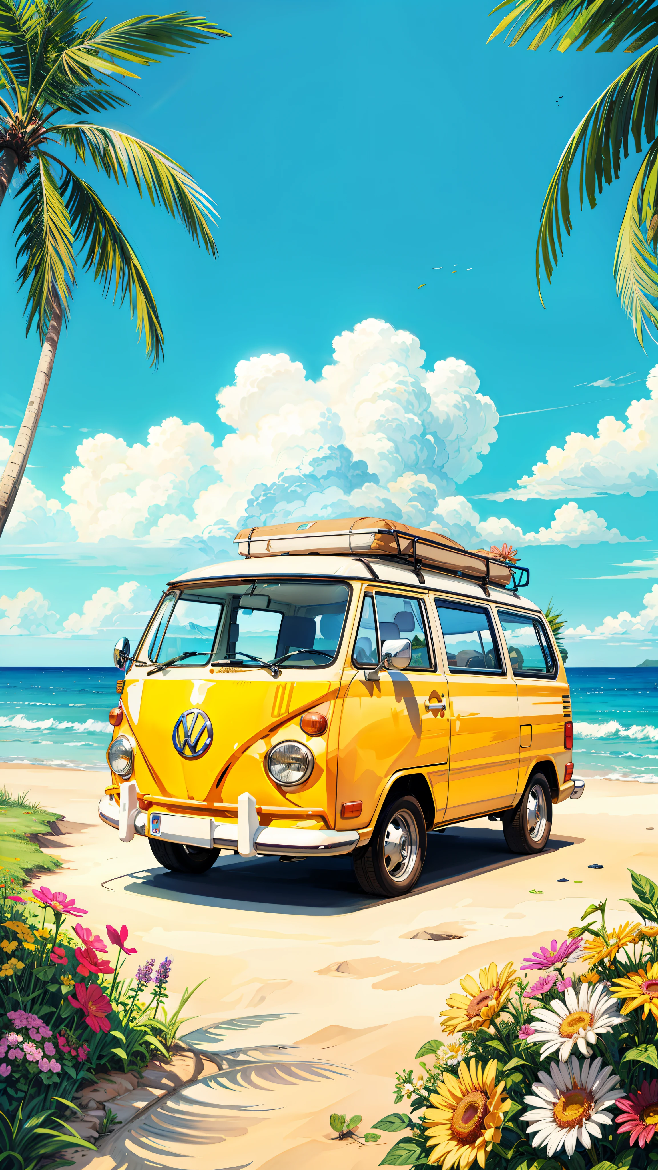 yellow van parked on a road near a beach with flowers, kombi, wallpaper!, official artwork, vehicle illustration, bulli, official art, blue sky, multicolored flowers, colorful, camping chair, vw microbus driving, hot summertime hippie, background artwork, vw bus on a street, microbus, fanart, hippie, commission for high res, background art, spring vibes, 🪔 🎨;🌞🌄, 4k professional painting, game, detailed key anime art, illustation, a beautiful artwork illustration, beautiful digital painting, highly detailed digital painting, beautiful digital artwork, detailed painting 4 k, very detailed digital painting, rich picturesque colors, gorgeous digital painting