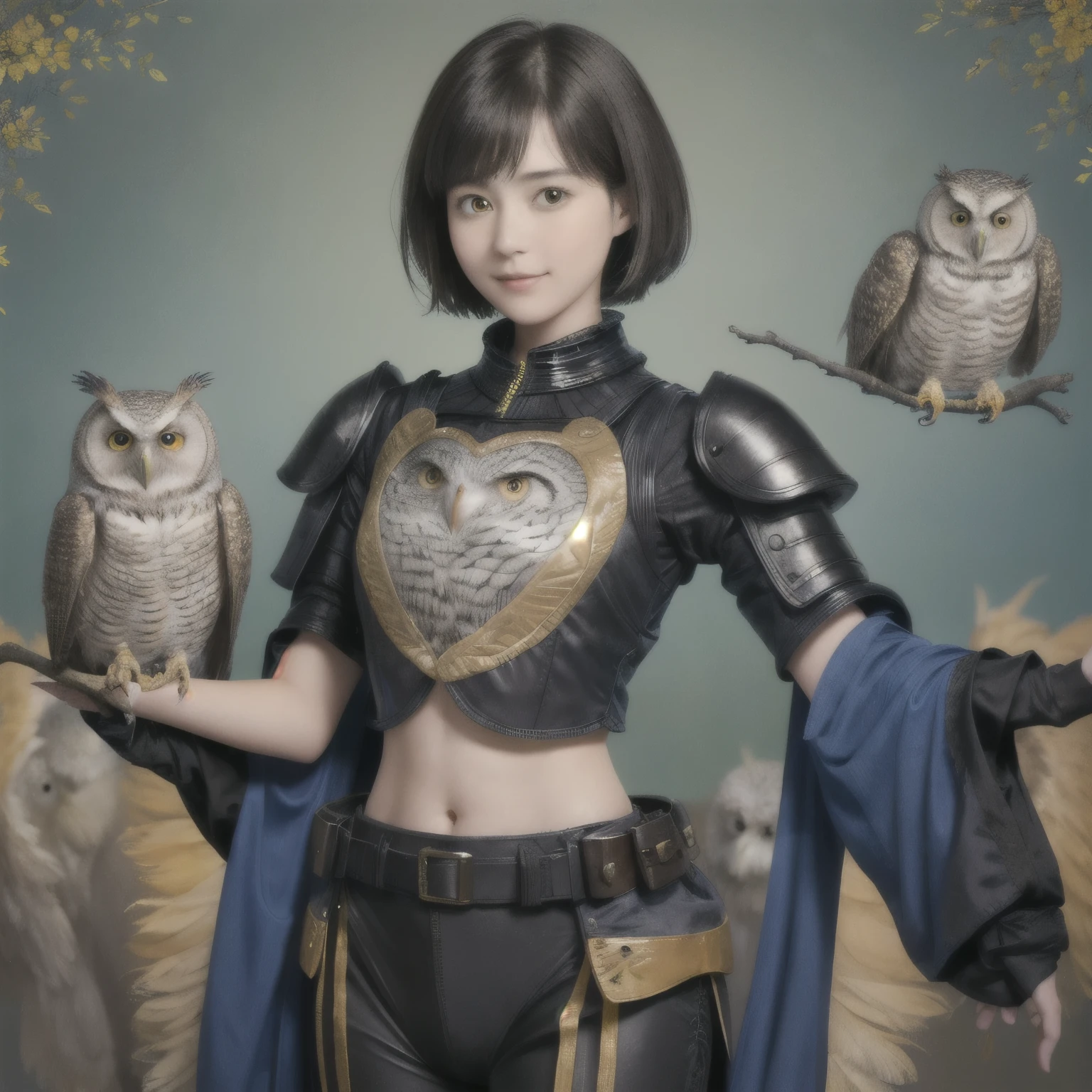 224 Short Hair, 20-year-old woman, A kind smile, (There are also colorful owls), (Rembrandt-style painting), ((machinery suit,Clothes with short sleeves)),I can see your abs