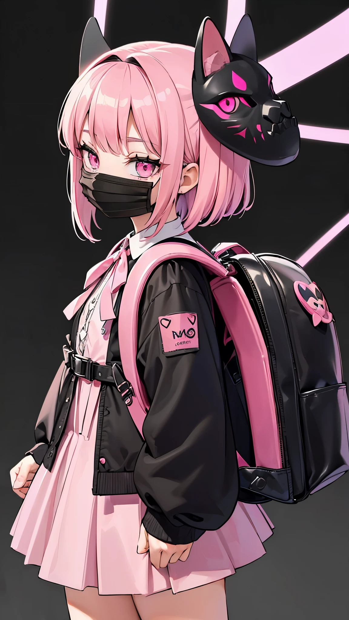(Black fiber mask: 1.5). She is wearing pink ta fashion. (small, white, MCM Backpack: 1.3). (masterpiece))), (Very detailed, highest quality, High resolution, 8k wallpaper, Beautiful clothes,)), Full Body Shot, Full Body Shot (One Girl) ((Pink hair on both sides)) (Green Eyes), eye shadow, eyeliner, Glowing Eyes, Very fine eye, Complex eyes, Beautiful Eyes, (Shining pink eyes)) 18-year-old girl. View from the side.