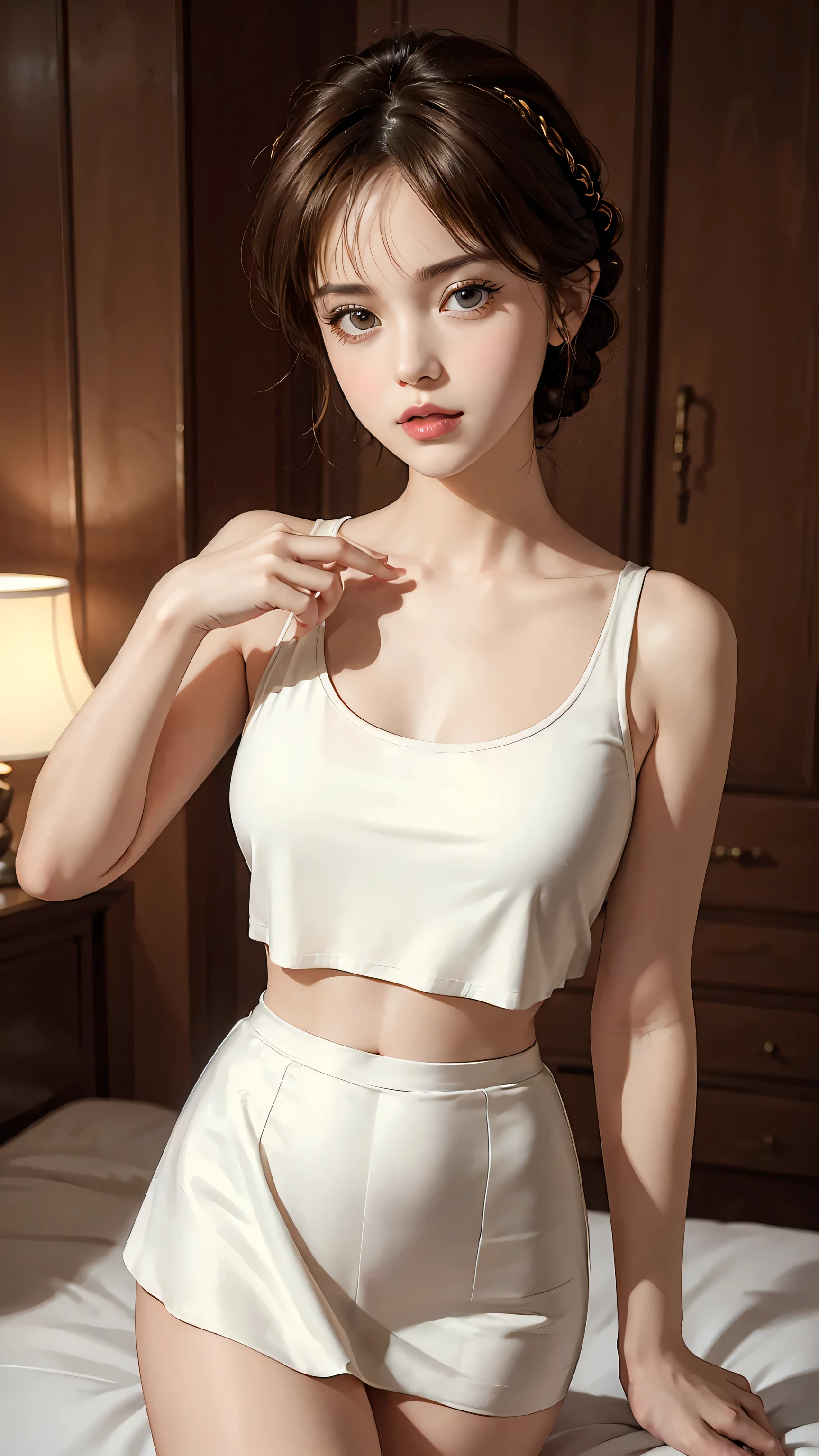 Masterpiece, best quality, super fine, 16k, incredibly absurdres, extremely detailed, beautiful woman, amorous and lewd expression, glossy white-gold messy short hair, side braided, She is wearing a loose-fitting tank top, and mini skirt, superlative body proportion,bedroom,