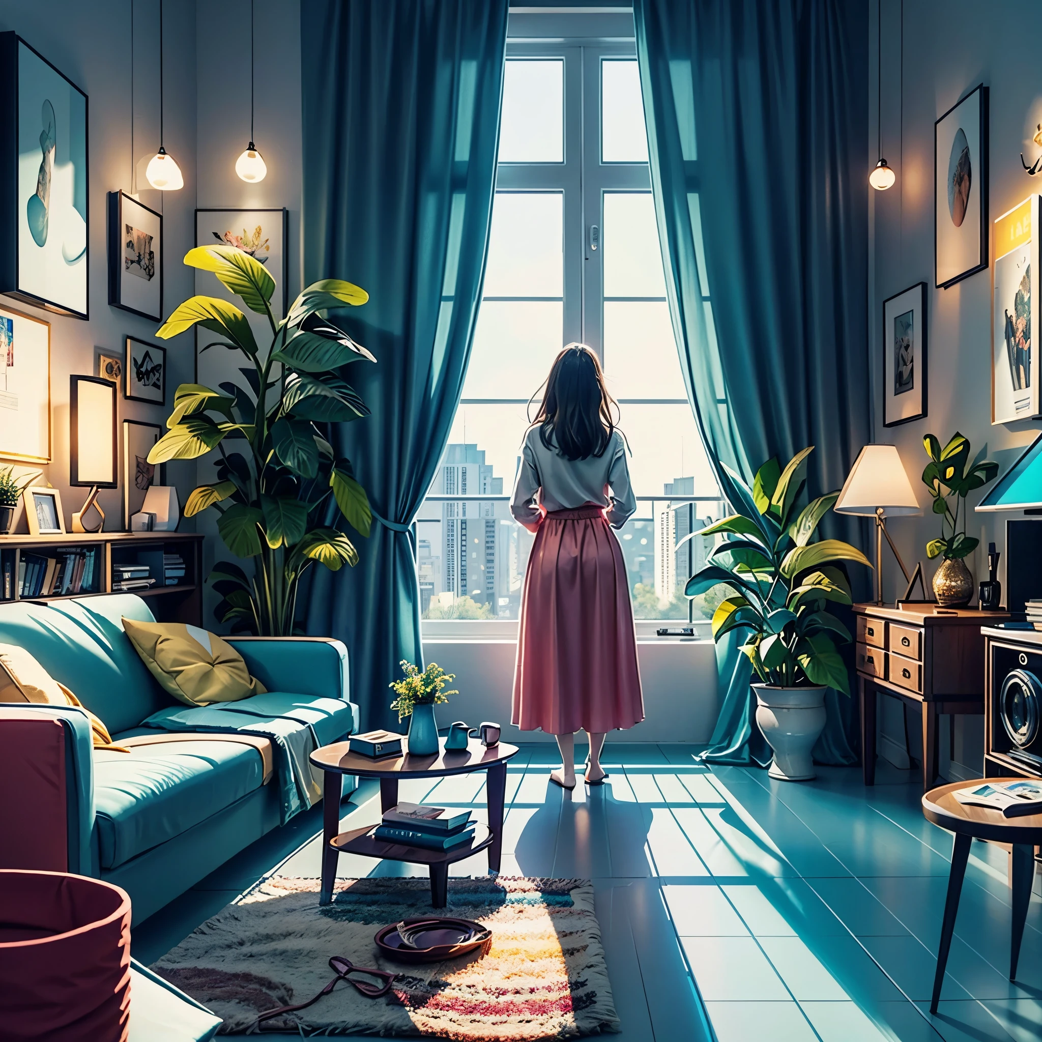 there is a woman standing in a living room looking out the window, style of alena aenami, lofi artstyle, lofi art, inspired by Alena Aenami, art of alena aenami, by Alena Aenami, lo-fi illustration style, lofi girl, artistic. alena aenami, lo-fi art
