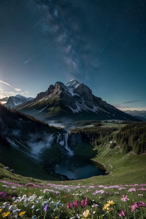 A majestic mountain rises above a deep blue lake, umgeben von schneebedeckten Gipfeln.
A cascading waterfall plunges into a crystal clear pool, surrounded by lush greenery.
Ein farbenfroher Sonnenaufgang taucht die Landschaft in goldenes Licht, while the mist hovers over the hills.
A starry night sky stretches over a silent wilderness, with the Milky Way, die sich am Horizont abzeichnet.
A lonely tree stands majestically in the middle of a wide flower meadow, die in allen Farben des Regenbogens erstrahlt. Hyperrealismus
