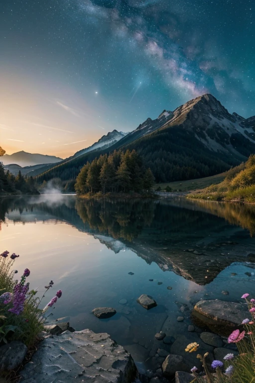 A majestic mountain rises above a deep blue lake, umgeben von schneebedeckten Gipfeln.
A cascading waterfall plunges into a crystal clear pool, surrounded by lush greenery.
Ein farbenfroher Sonnenaufgang taucht die Landschaft in goldenes Licht, while the mist hovers over the hills.
A starry night sky stretches over a silent wilderness, with the Milky Way, die sich am Horizont abzeichnet.
A lonely tree stands majestically in the middle of a wide flower meadow, die in allen Farben des Regenbogens erstrahlt. Hyperrealismus