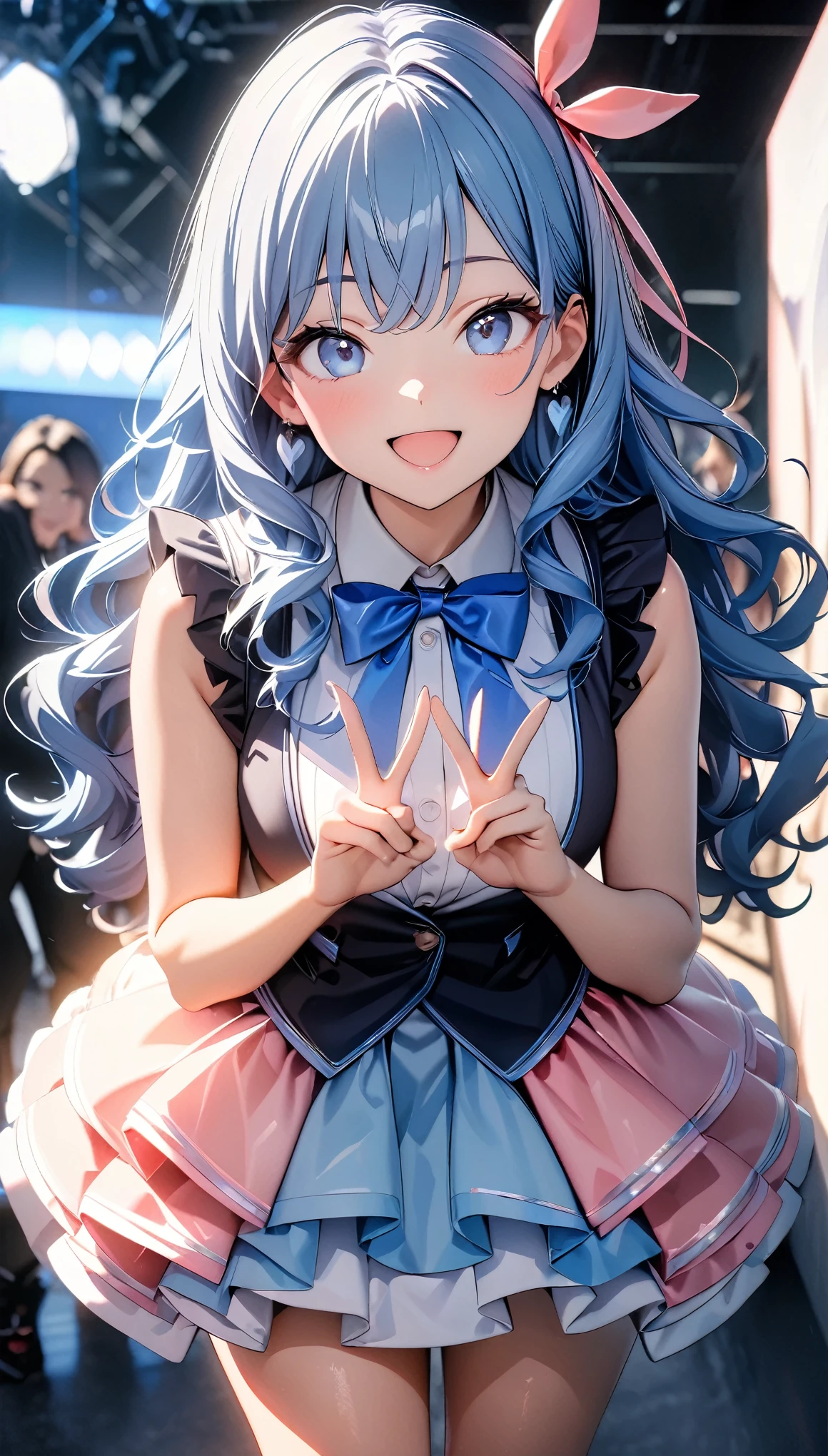 (8k, RAW Photos, 最high quality, masterpiece:1.2), High-quality RAW color photos, Professional photo shoot, Cinematic Light, alone, (((1 girl))), Blue Hair, Long Hair, Wavy Hair, blue eyes, jewelry, Earrings, Idol Costumes, Cute frills, Pastel Blue, Beautiful thighs, flare skirt, (smile:1.5), ((Open your mouth:1.2)), ((Random Action Pose:1.2, My heart is bursting)), (tits), Crouch down, ((peace sign, Double Peace, Peace sign with both hands:1.1)), Beautiful Skin, Shiny skin, Perfect Fingers, Five Fingers, Background blur, high quality, Surreal, Bright colors, ((Very detailed, photo shoot)),