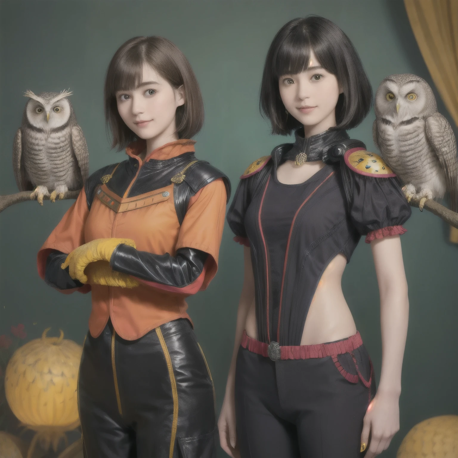 224 Short Hair, 20-year-old woman, A kind smile, (There are also colorful owls), (Rembrandt-style painting), ((machinery suit,Clothes with short sleeves)),I can see your abs