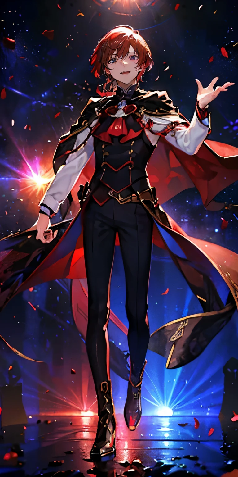 (Mastepiece), (Best Quality), Very detailed, ((1 boy)), Perfect Face, Beautiful Face, Very detailedな顔,((Crimson Hair_short hair_Crimson Eyes:1.3)),Full body photography、Male solo idol、Gorgeous idol costumes、Cape、boots、(pants:1.2)、(Hold the microphone)、stage、Concert Dome、Lots of confetti、(smile:1.4)、(Open your mouth wide)、sing、dance、Wink、Laser light、Spotlight