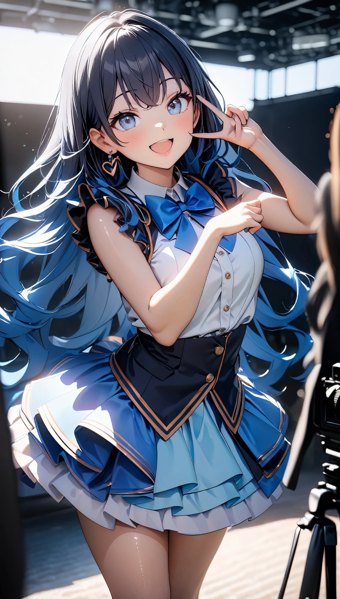 (8k, RAW Photos, 最high quality, masterpiece:1.2), High-quality RAW color photos, Professional photo shoot, Cinematic Light, alone, (((1 girl))), Blue Hair, Long Hair, Wavy Hair, blue eyes, jewelry, Earrings, Idol Costumes, Cute frills, Pastel Blue, Beautiful thighs, flare skirt, (smile:1.5), ((Open your mouth:1.2)), ((Random Action Pose:1.2, My heart is bursting)), (tits), Crouch down, ((peace sign, Double Peace, Peace sign with both hands:1.1)), Beautiful Skin, Shiny skin, Perfect Fingers, Five Fingers, Background blur, high quality, Surreal, Bright colors, ((Very detailed, photo shoot)),