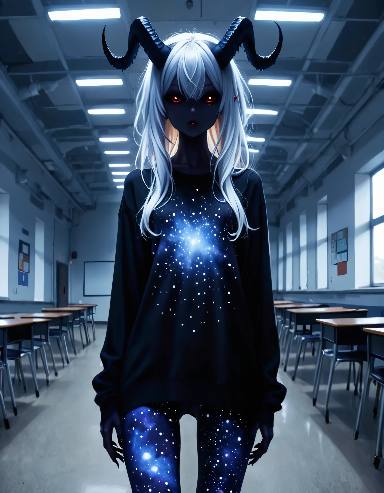 in an empty classroom ,  a dark demon girl with black horns, (pitch black eyes, cosmic black:1), , bright bleach white tips  hair , well lit , very skinny, wearing a (over sized sweater, and polka dot leggings:1.3)  cosmic pattern on skin , intricate detail