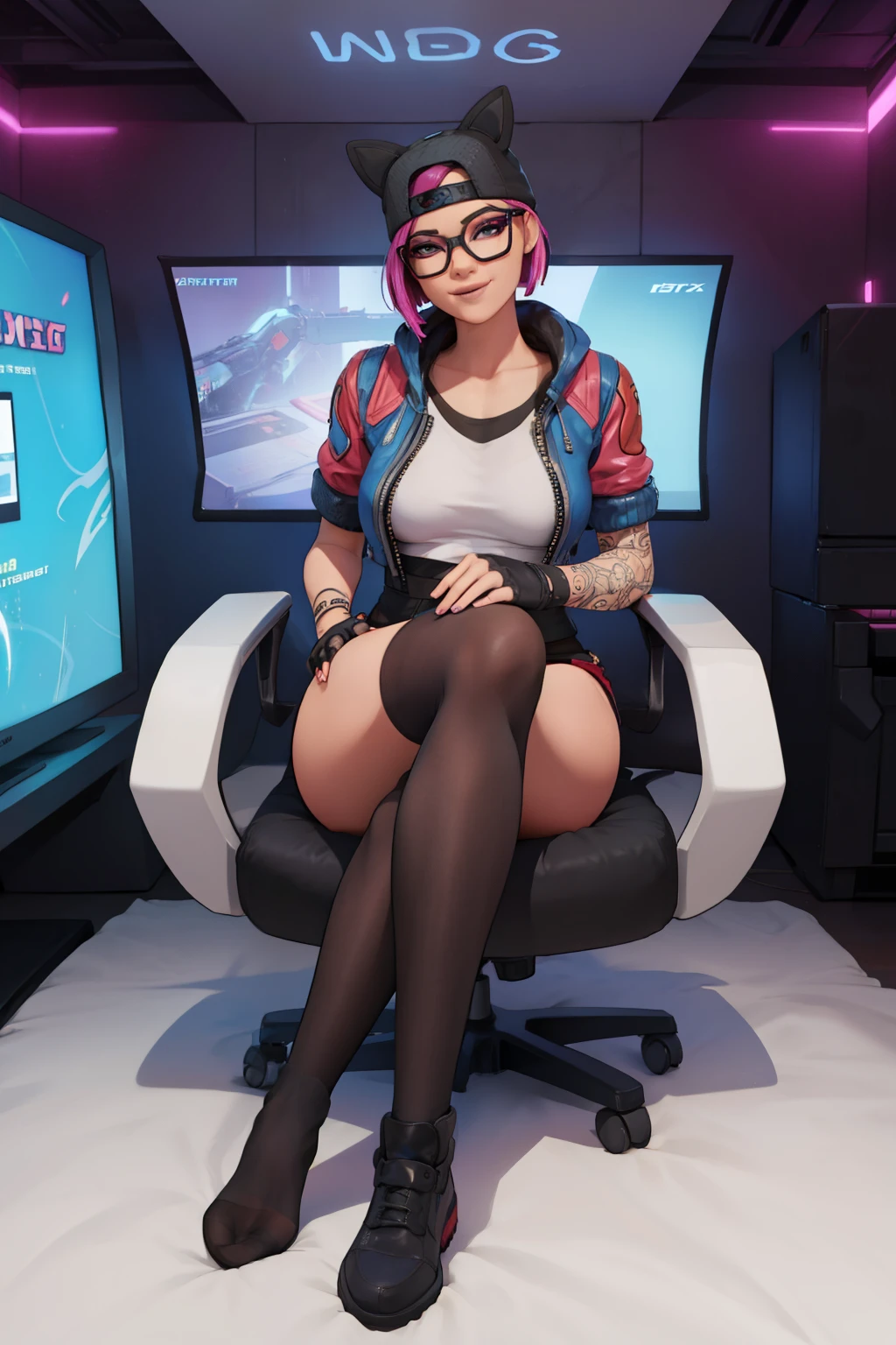 (masterpiece), (best quality),Gamer chair (solo), looking the viewer, cyberpunk, high detailed,extremely detailed,shorts with black stockings, jacket, fine eyes, smile,dynamic pose, short pink hair,cap,fingerless glove,glasses.