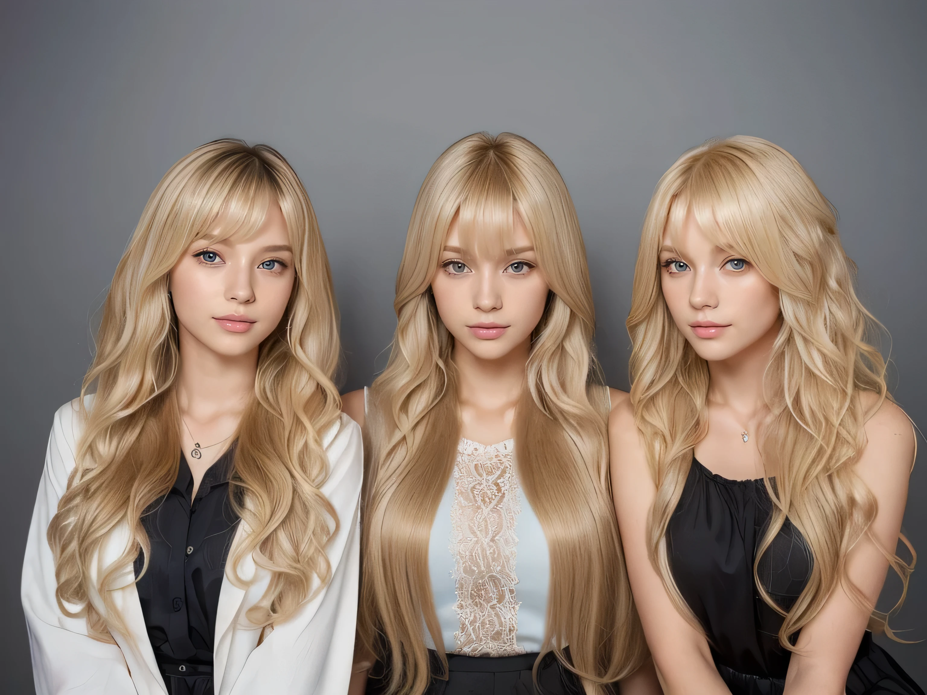 (Full body shot of three identical twins :1.3) (Photograph three people in the same pose from the front:2.0) (The three of them look like clones.., Wear the same clothes、Take the same pose Physically identical) (Pure white wall background:1.8. Upper body photo from the knees up) ((Random poses showing as much back and hair as possible:1.5)) ((Beautiful model with long blonde hair, girl with super length Hair, extremely length Hair, extra length Hair, very long, Flowing Hair, very length Hair, length Hair girl, very long, Flowing blonde hair, length Hair windy, very longBlonde, length, Flowing Hair, length and or curly hair, with length Hair, length Hair!!!! Her highest quality hair is long and 真っ直ぐ or curly hair very long, best quality blonde, length hair in the center, Highest quality long Straight or curly hair, length, Straight or curly hair, beautiful, High quality blonde hair, length and Blonde highest quality Straight or curly hair, length Hair, length and Straight or curly hair, highest quality Blonde, Perfect silky Straight or curly hair of the highest quality, Straight or curly hair, highest quality Blonde, length Blonde Straight or curly hair, length, Light blonde hair Her hair is long and Straight or curly hair, very longBlonde, length hair in the center, length Straight or curly hair, length, Straight or curly hair, beautiful hair of the highest quality, length Hair, length, Straight or curly hair Blonde , length and free Straight or curly hair Blonde, Straight or curly hair Blonde)) (Her bangs are perfect.:1.3) (France's most beautiful 24-year-old hair model) ((highest quality)), ((masterpiece)), (Familiar) (Get used to it) Perfect Face (Her skin is a typical French complexion....、And very detailed) (Big Breasts) (She is wearing a light blue skirt and a white blouse........) (She has a beautiful French face and a typical French figure...., Narrow eyes) (She has perfect beautiful makeup and face Lipstick is light red A solid eyeliner) ((Rich 1.4)) (Extremely detailed 8K) (Ultra-fine skin texture 1.4) (Actual, Vibrant:1.4), double eyelid Sharp focus:1.2、Beautiful woman:1.4 Dynamic Lighting (Genuine RAW photos taken by professional photographers) (Her long bangs、Well Organized) Professionally lit from the front (She has a bright and cheerful face)