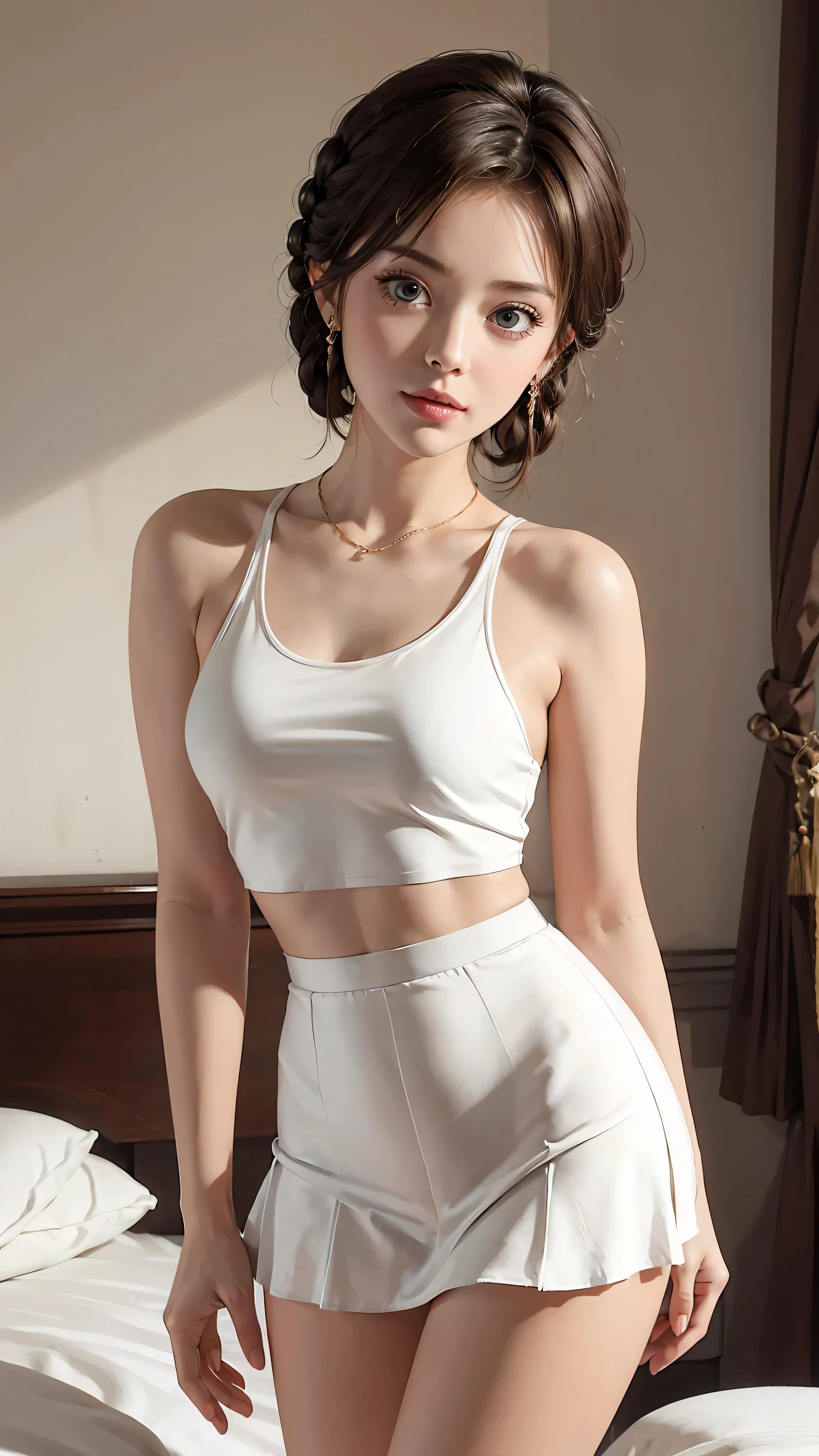 Masterpiece, best quality, super fine, 16k, incredibly absurdres, extremely detailed, beautiful woman, amorous and lewd expression, glossy white-gold messy short hair, side braided, She is wearing a loose-fitting tank top, and mini skirt, superlative body proportion,bedroom,