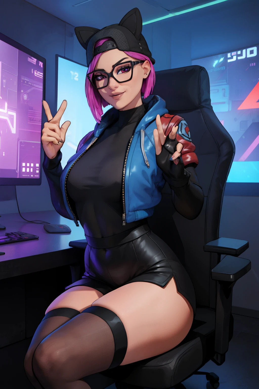 (masterpiece), (best quality),Gamer chair (solo), looking the viewer, cyberpunk, high detailed,extremely detailed,shorts with big white stockings, jacket, fine eyes, smile,dynamic pose, short pink hair,cap,fingerless glove,glasses., Giant breasts, huge breasts