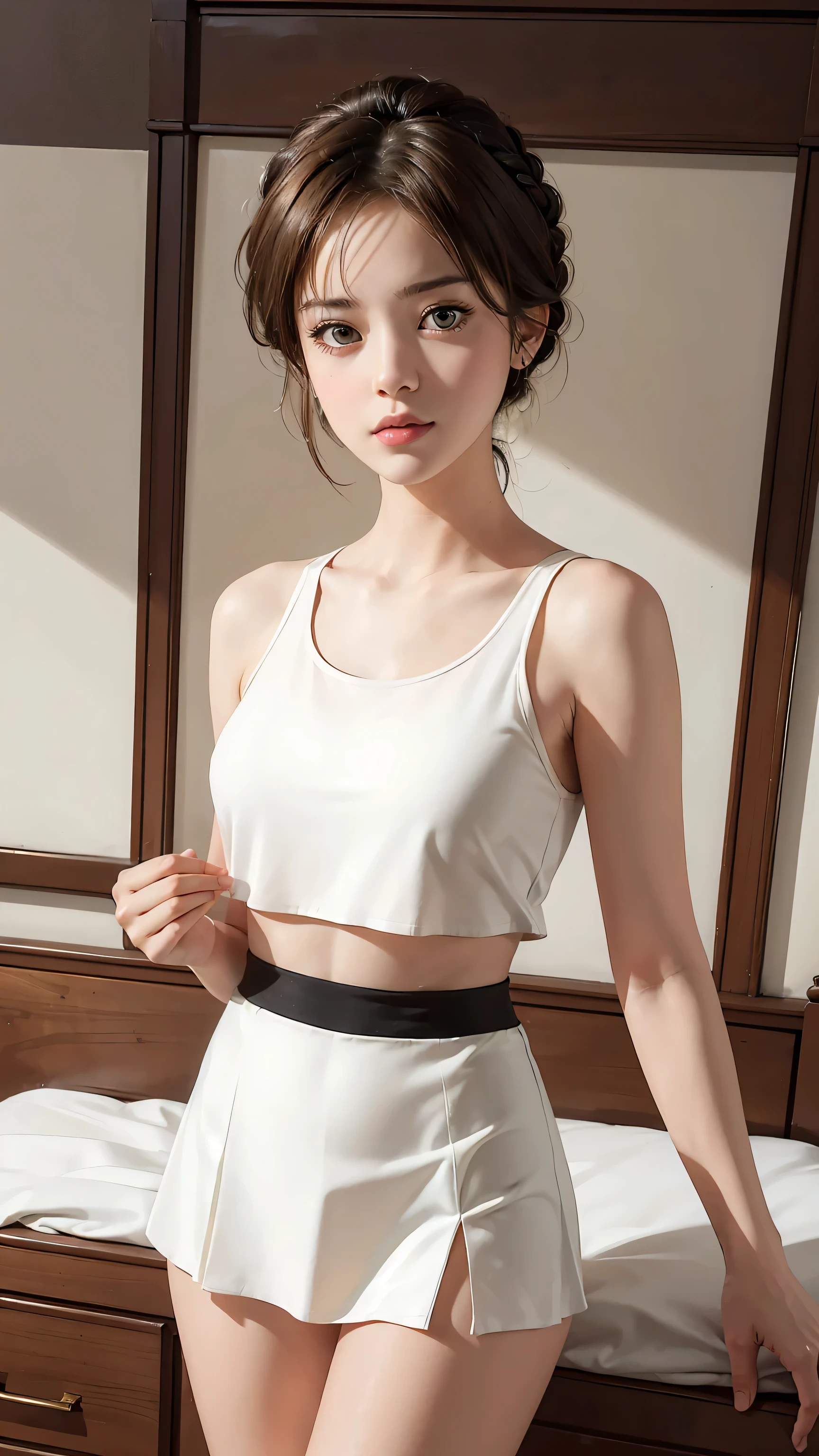 Masterpiece, best quality, super fine, 16k, incredibly absurdres, extremely detailed, beautiful woman, amorous and lewd expression, glossy white-gold messy short hair, side braided, She is wearing a loose-fitting tank top, and mini skirt, superlative body proportion,bedroom,