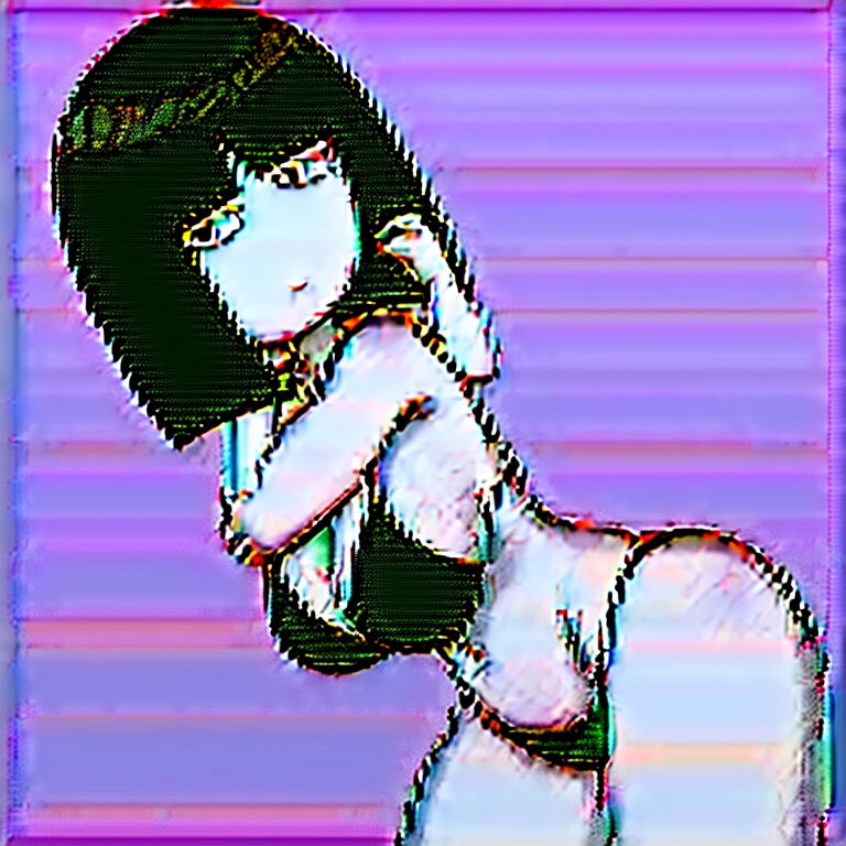 hanako-san, black hair, black eyes, no nose, (((bigbust))), black bikini,