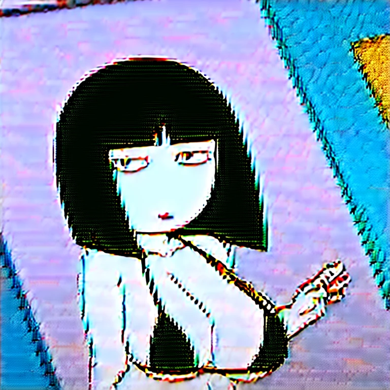 hanako-san, black hair, black eyes, no nose, (((bigbust))), black bikini,