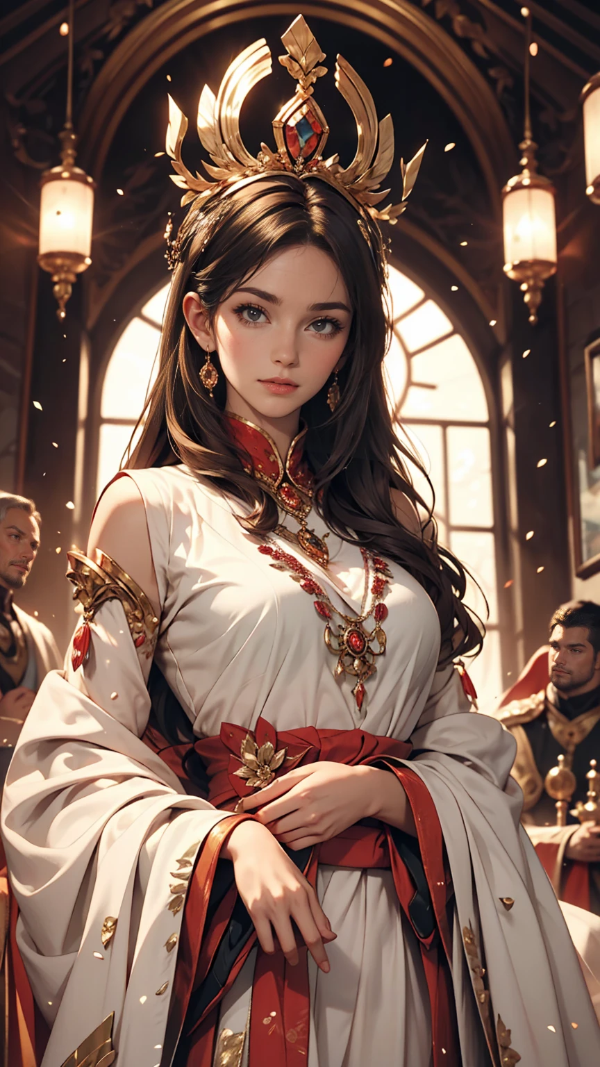 Beautiful female emperor, Clear skin, Beautiful appearance, There is deep wisdom in her eyes, It's as if she sees through the whole world, Wearing a luxurious white robe, Holding a long sword, Robes fluttering in the wind and silver hair blowing in the wind, The white robe perfectly complements her elegant figure., The attitude is calm and idyllic, Like a perfect fairy