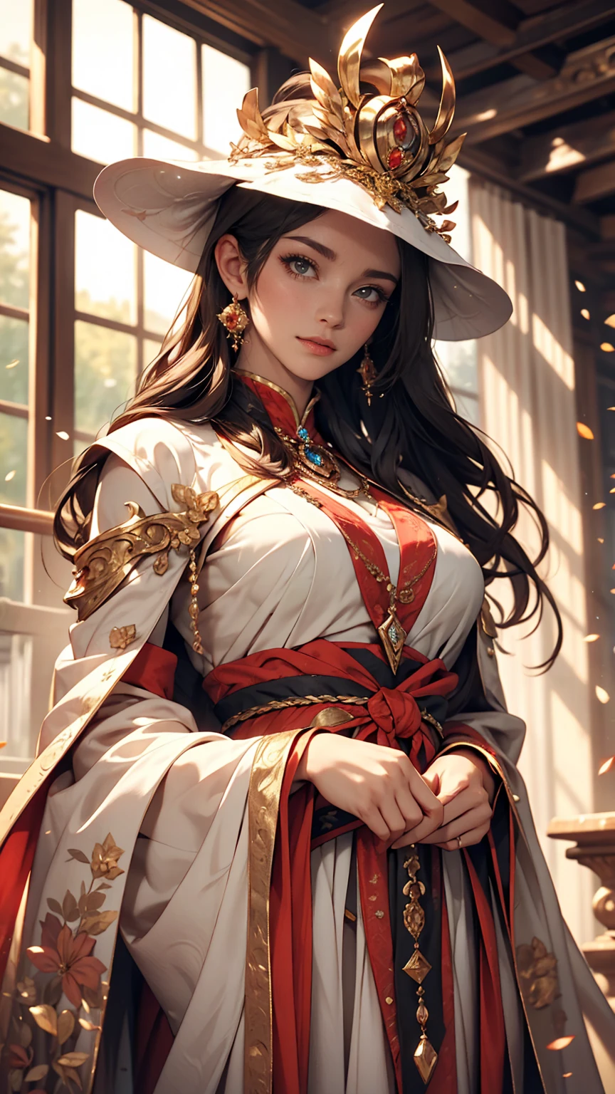 Beautiful female emperor, Clear skin, Beautiful appearance, There is deep wisdom in her eyes, It's as if she sees through the whole world, Wearing a luxurious white robe, Holding a long sword, Robes fluttering in the wind and silver hair blowing in the wind, The white robe perfectly complements her elegant figure., The attitude is calm and idyllic, Like a perfect fairy