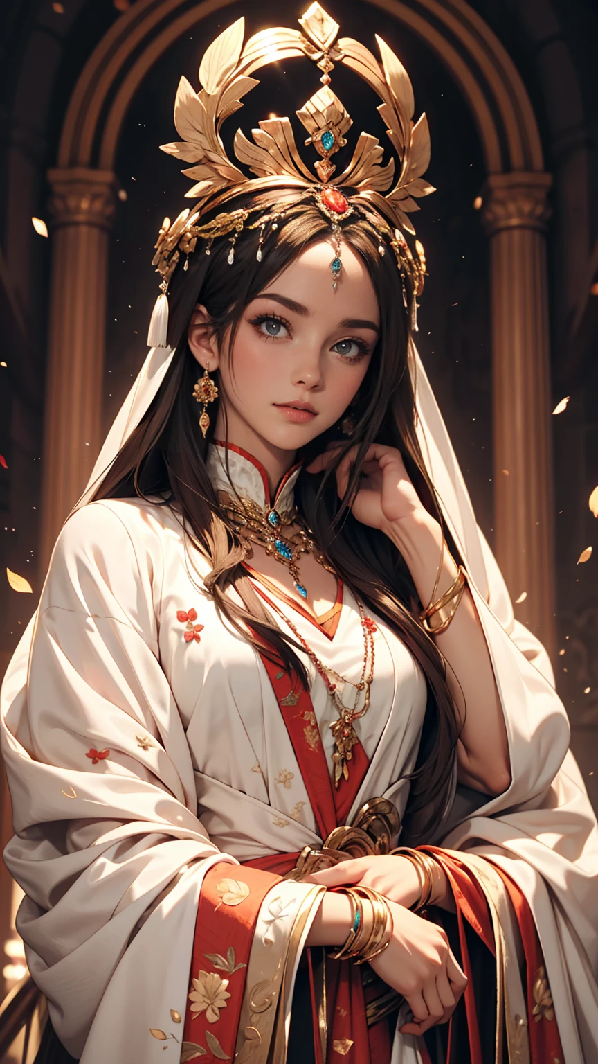 Beautiful female emperor, Clear skin, Beautiful appearance, There is deep wisdom in her eyes, It&#39;s as if she sees through the whole world, Wearing a luxurious white robe, Holding a long sword, Robes fluttering in the wind and silver hair blowing in the wind, The white robe perfectly complements her elegant figure., The attitude is calm and idyllic, Like a perfect fairy