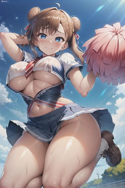 (((masterpiece))), ((highest quality)), ((Very detailed)), ((High resolution)), ((8k)), ((Anatomically correct)), One Woman, Big Breasts, Brown Hair, Bun hair, Long Hair, Twin tails, Very cute woman, delicate, Charming smile, Blue eyes, Bright Eyes, Best moment, Vivid eyes, Beautiful Skin, Cute face, delicateな腕, Detailed skin texture, Intricate details, Very detailedな顔, Beautiful Eyes, Beautiful curves, View your viewers, Sweat, Schoolyard at noon, Cheerleader, Short skirt, I'm rooting for you, raise one leg high, Raise your arms, Cheerful expression, Open your mouth,