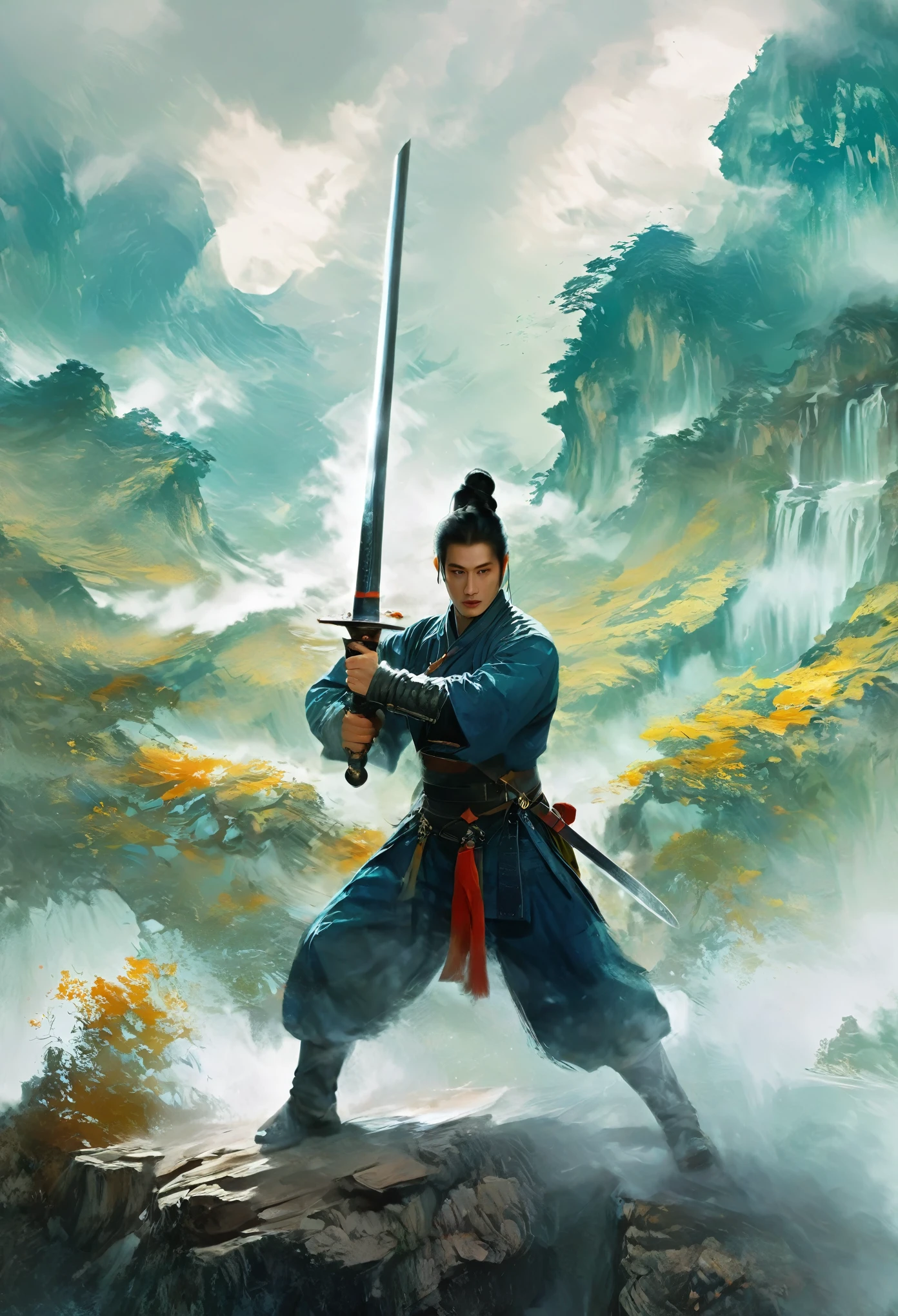 A swordman,medieval art, heroic figure,traditional costume,detailed and sharp sword, intense eyes and focused expression, dynamic pose, dramatic lighting, vibrant colors, high contrast, epic landscape background, misty atmosphere, action-packed, dynamic brushwork, oil painting style, ultra-high resolution, fine details, professional quality.xianxia,guofeng
